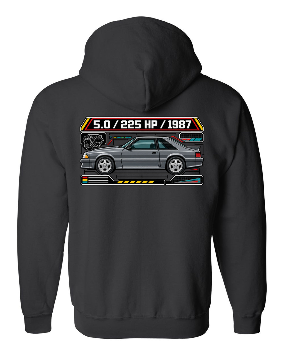 Spec-sheet data plate print of a 1987 Ford Mustang Fox Body GT chback black zip hoodie back view with the design