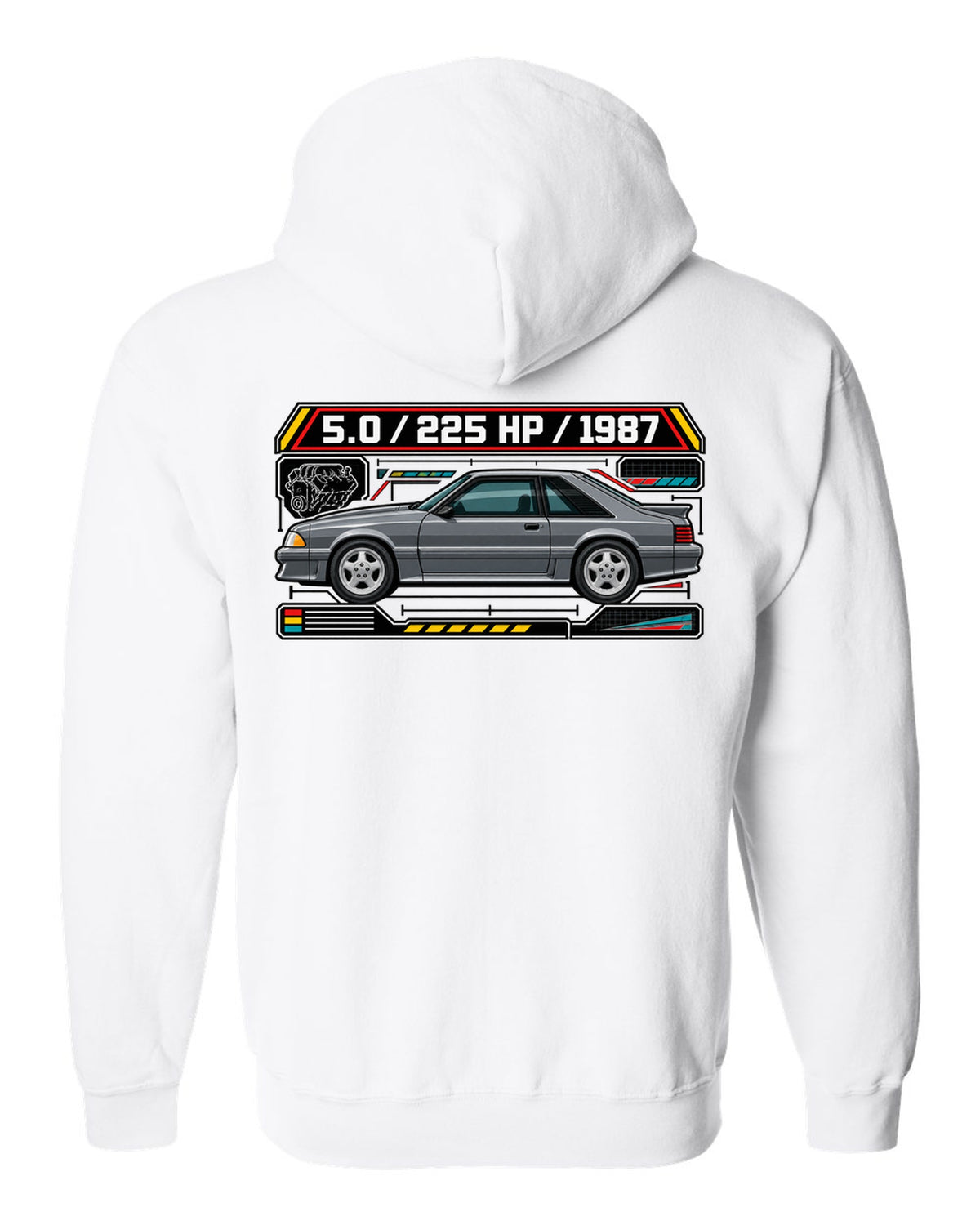Spec-sheet data plate print of a 1987 Ford Mustang Fox Body GT chback white zip hoodie back view with the design