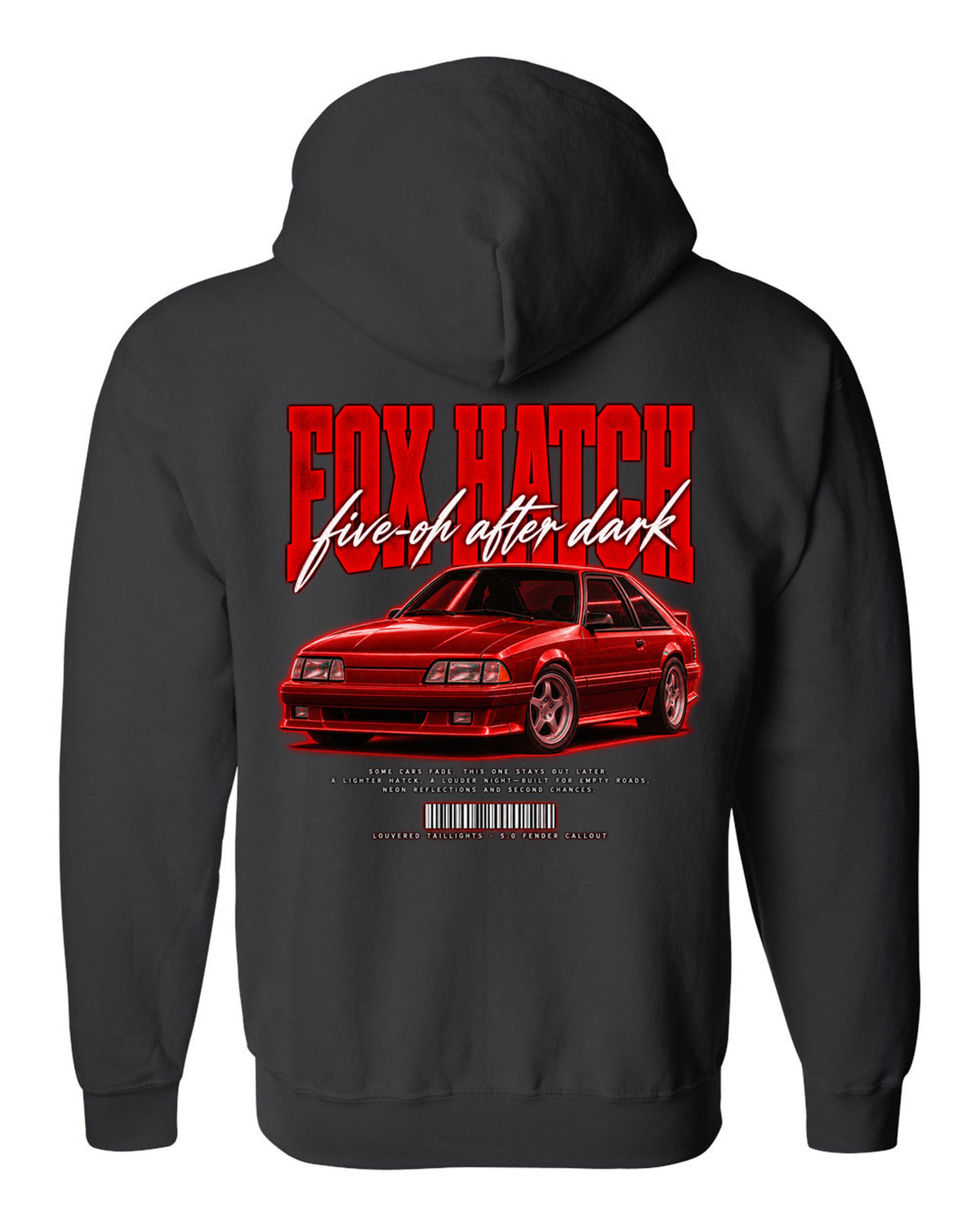 Street poster illustration of a Ford Mustang Fox body GT chback at night, five-oh after dark black zip hoodie back view with the design