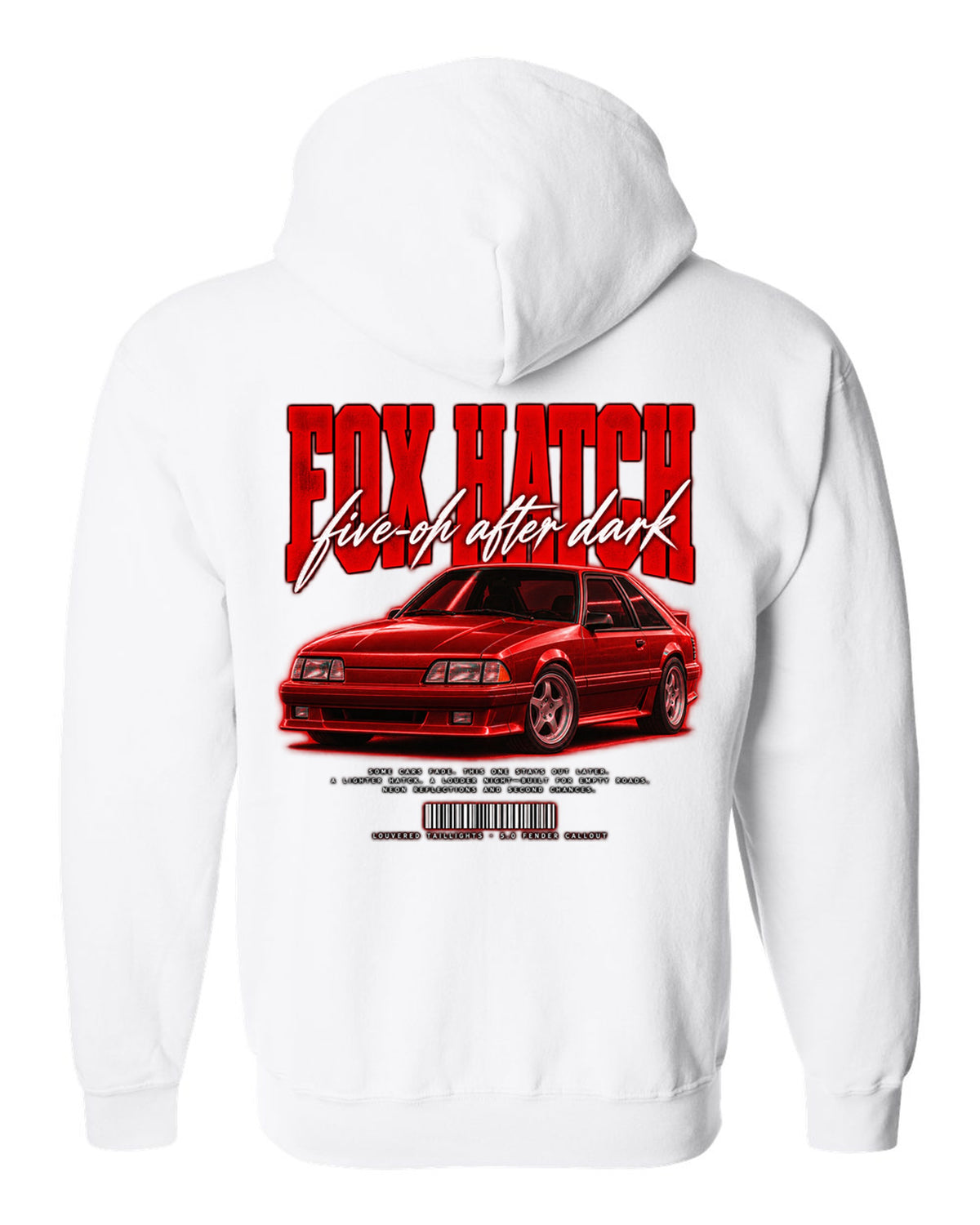 Street poster illustration of a Ford Mustang Fox body GT chback at night, five-oh after dark white zip hoodie back view with the design