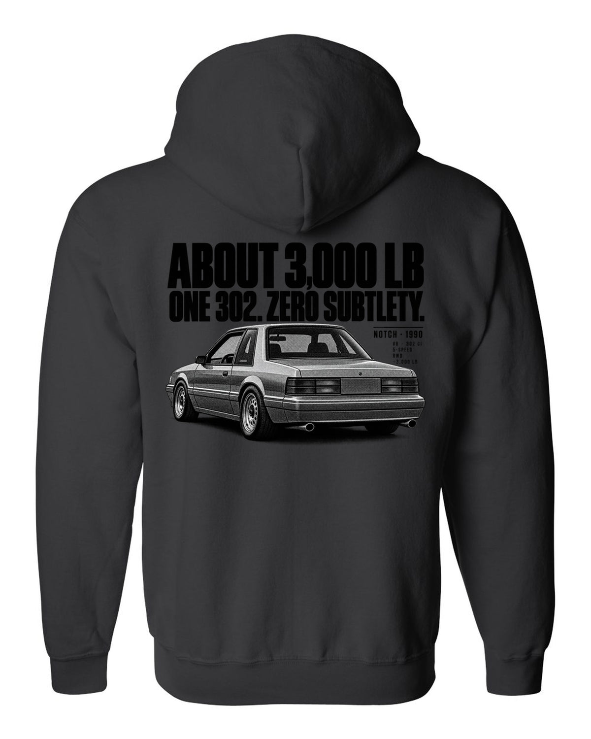 Halftone print of a 1990 Ford Mustang Fox Body LX notchback with spec lines black zip hoodie back view with the design