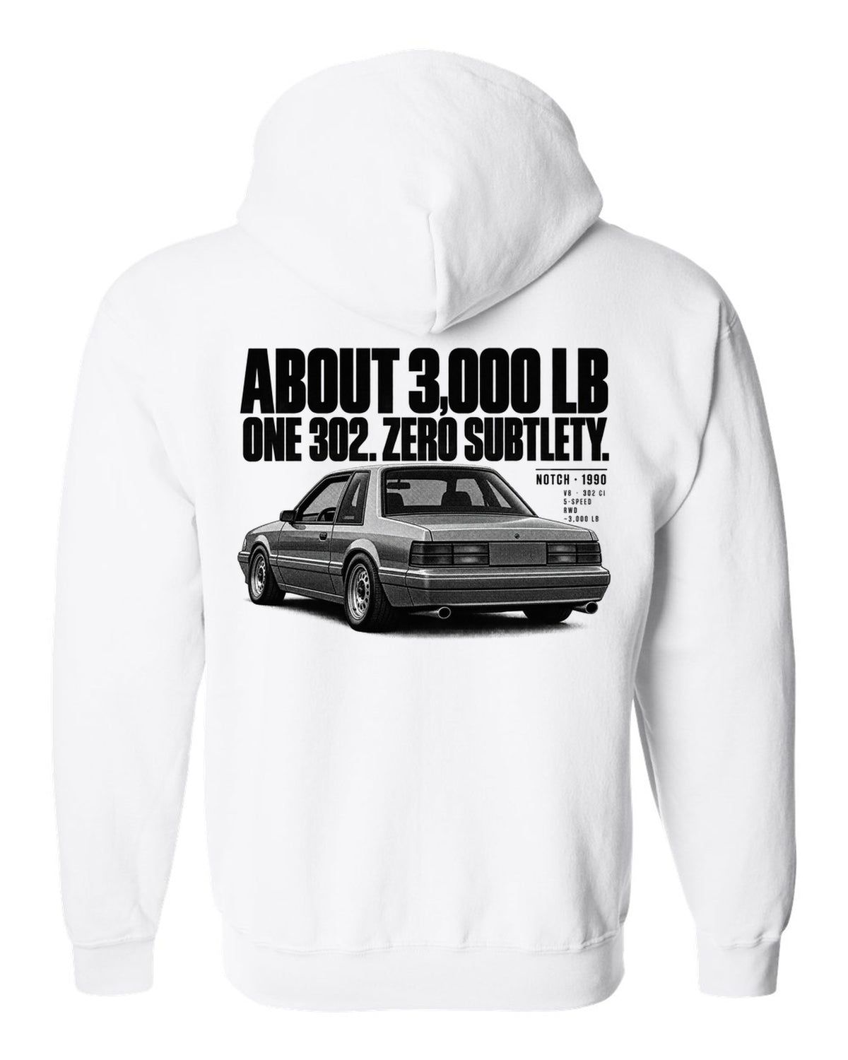 Halftone print of a 1990 Ford Mustang Fox Body LX notchback with spec lines white zip hoodie back view with the design