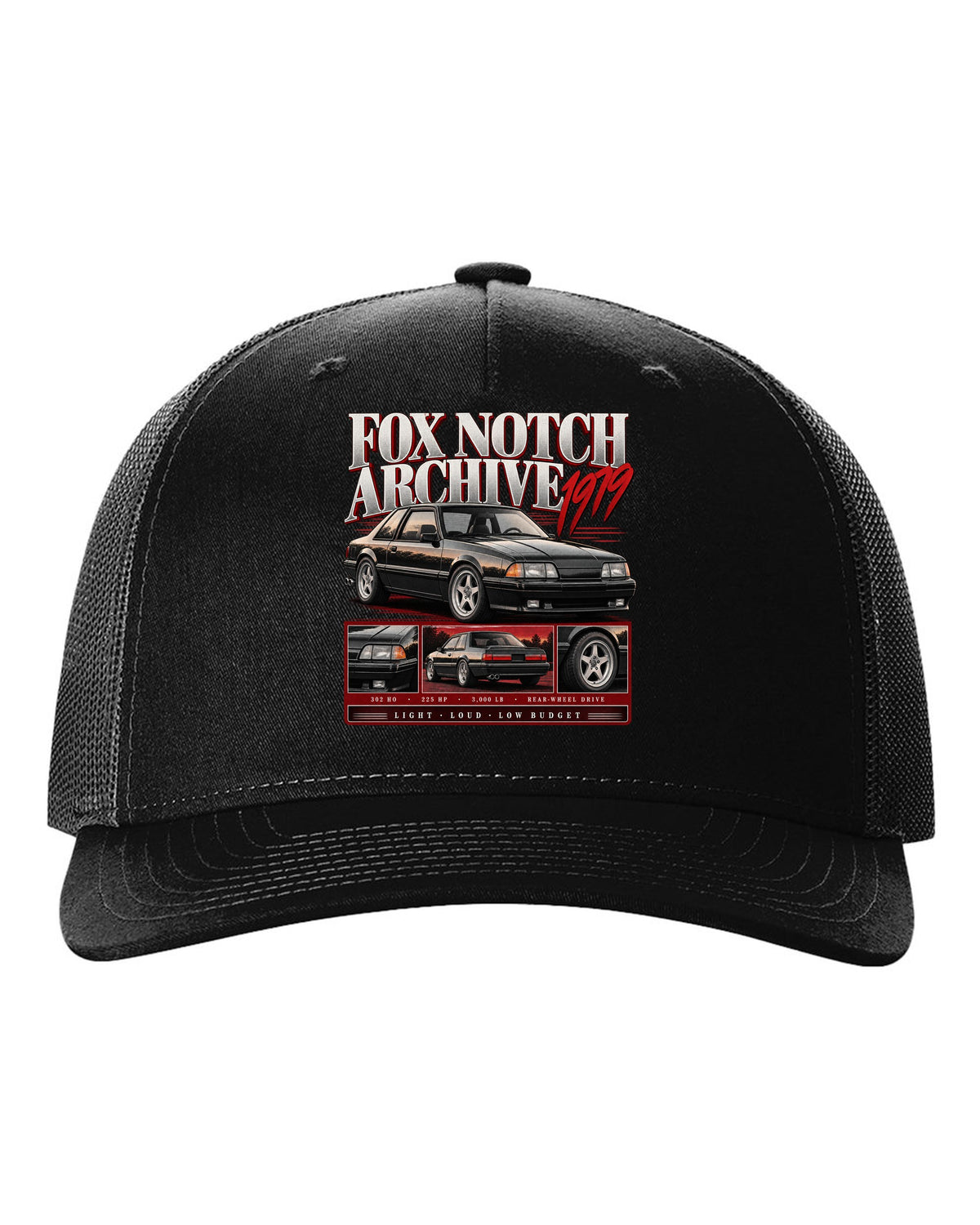 Archive panel print of a Ford Mustang Fox Body notchback coupe with spec lines black hat front view with the design