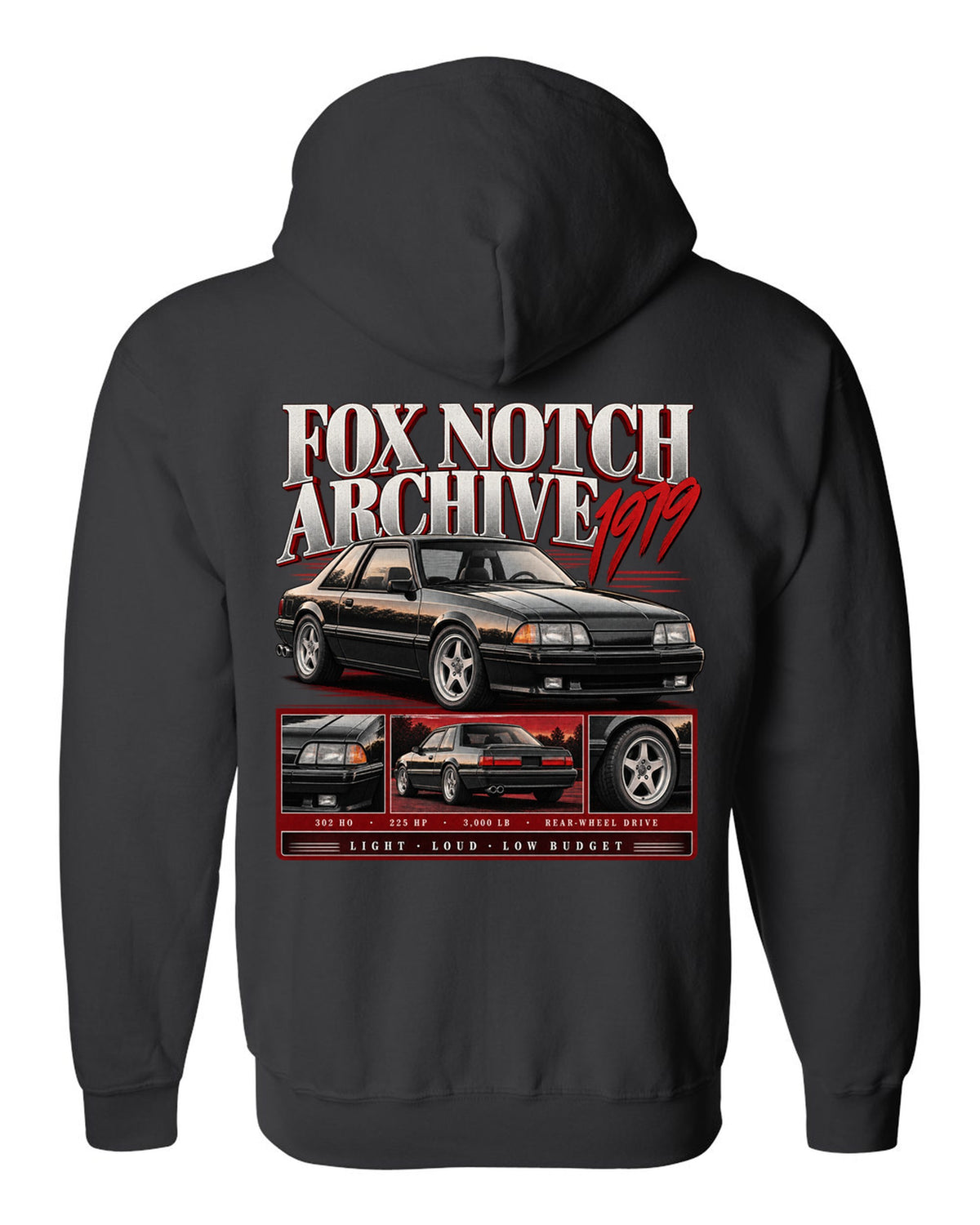 Archive panel print of a Ford Mustang Fox Body notchback coupe with spec lines black zip hoodie back view with the design