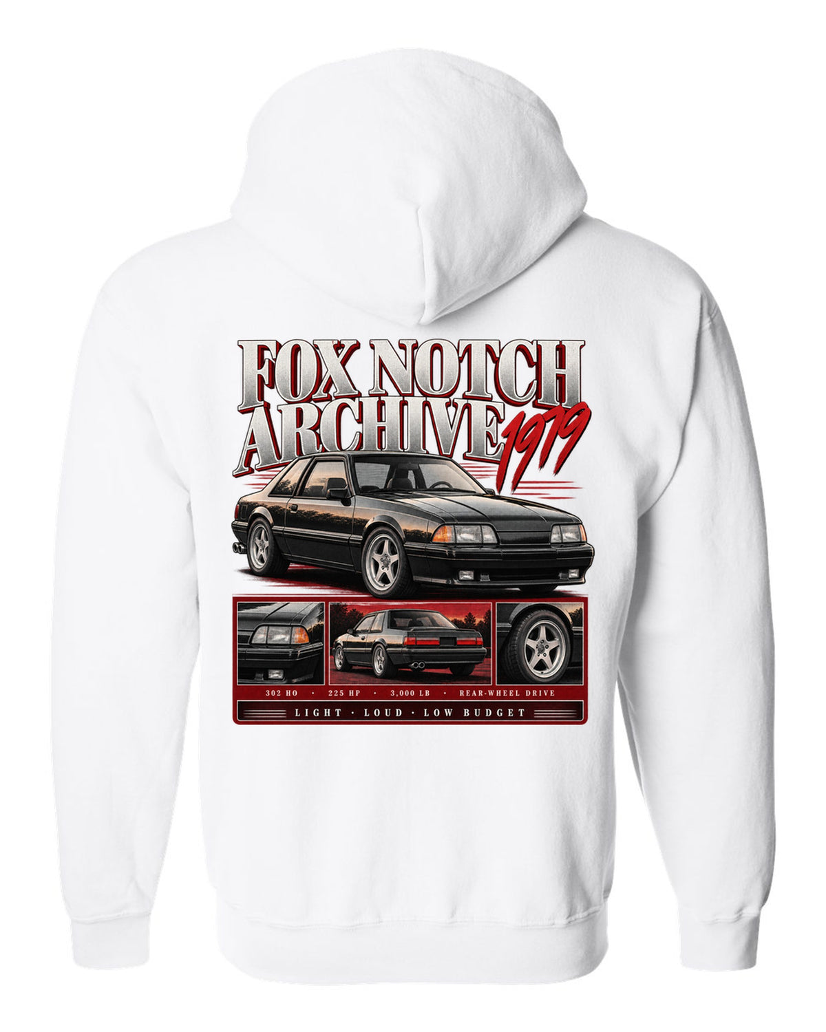Archive panel print of a Ford Mustang Fox Body notchback coupe with spec lines white zip hoodie back view with the design