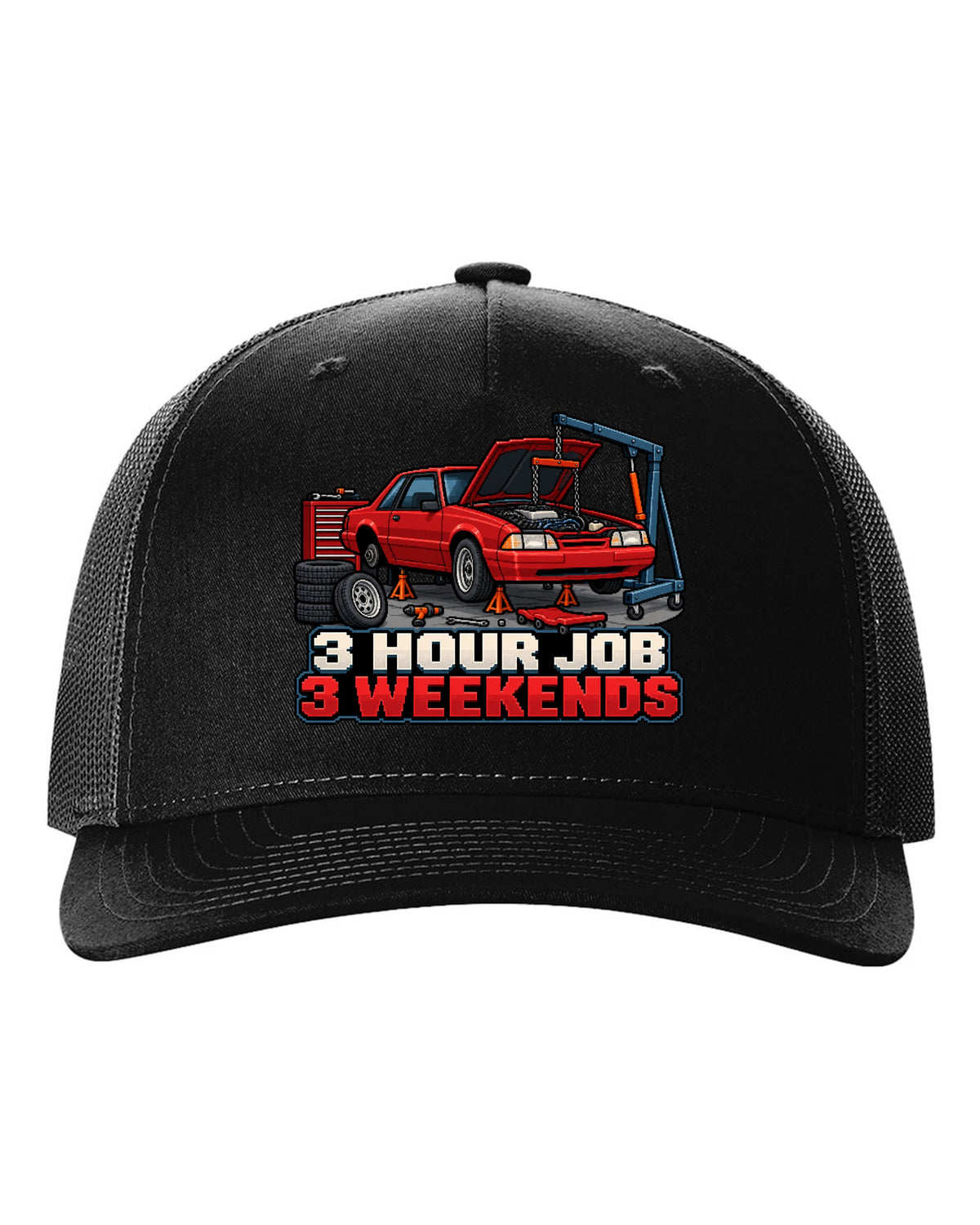 16-bit pixel art print of a 1989 Ford Mustang Fox Body notchback in a workshop black hat front view with the design