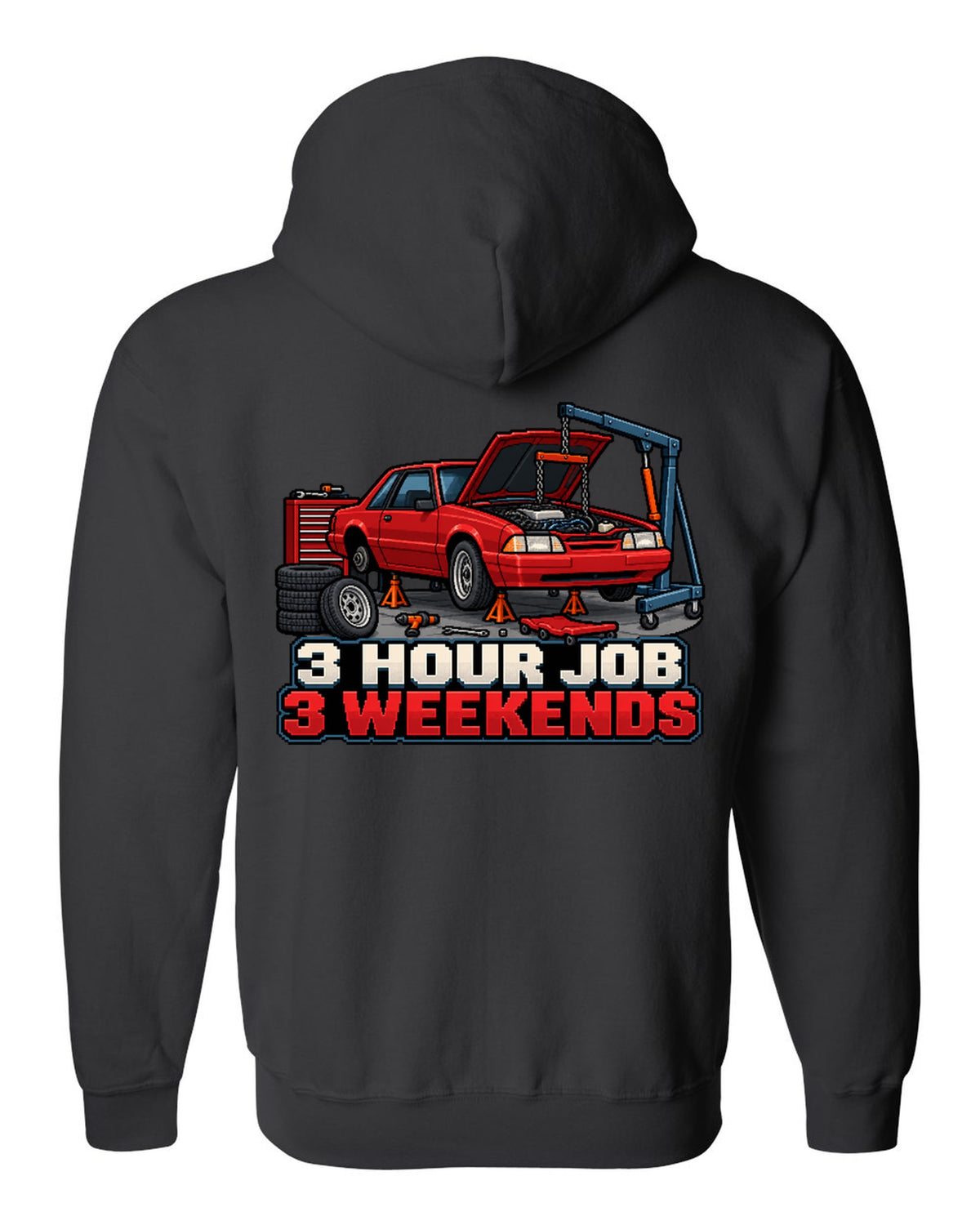 16-bit pixel art print of a 1989 Ford Mustang Fox Body notchback in a workshop black zip hoodie back view with the design