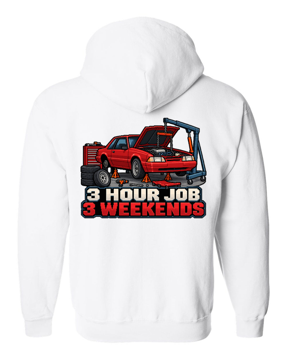 16-bit pixel art print of a 1989 Ford Mustang Fox Body notchback in a workshop white zip hoodie back view with the design