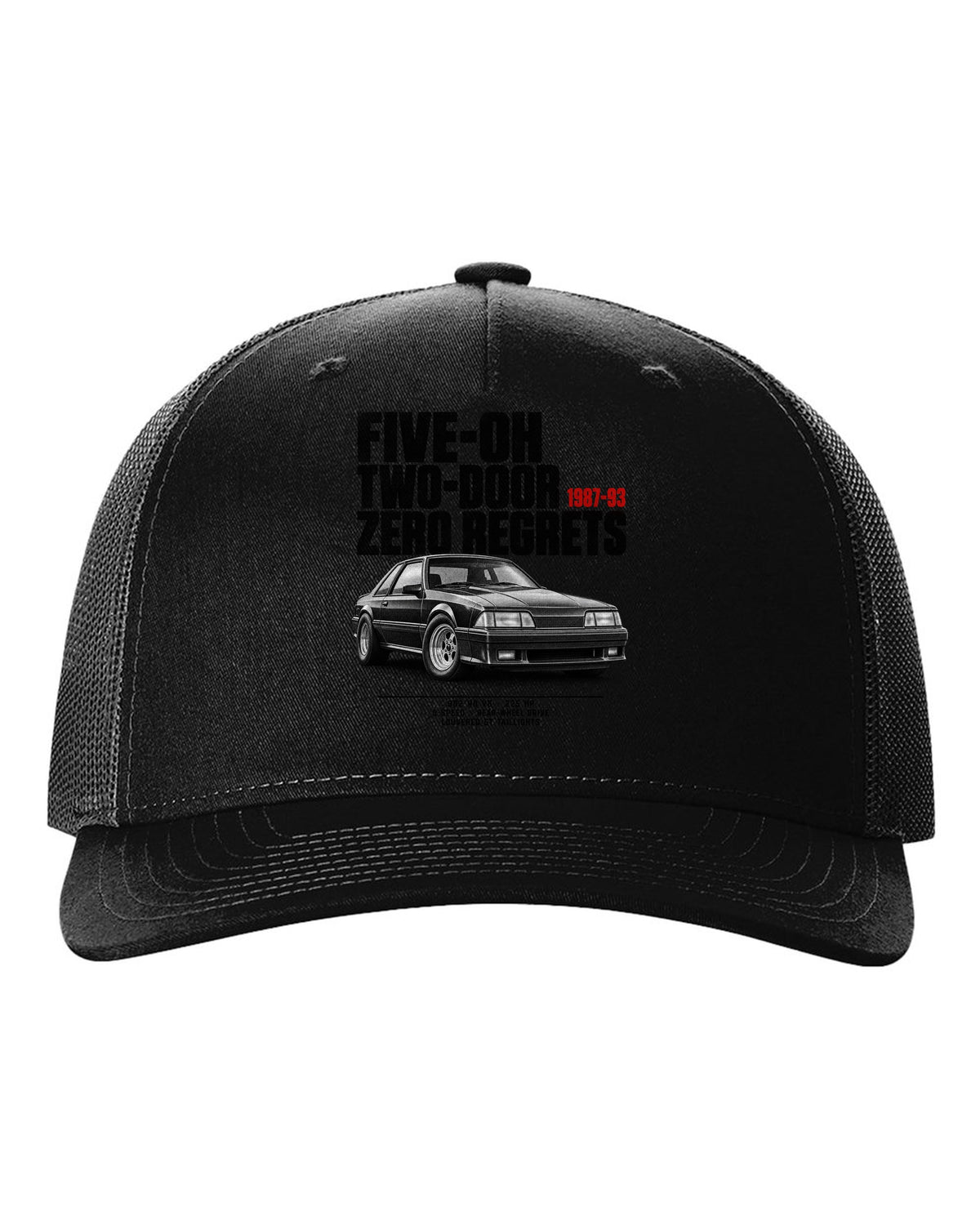 Halftone illustration of a Ford Mustang Fox body notchback with five-oh two-door lettering black hat front view with the design