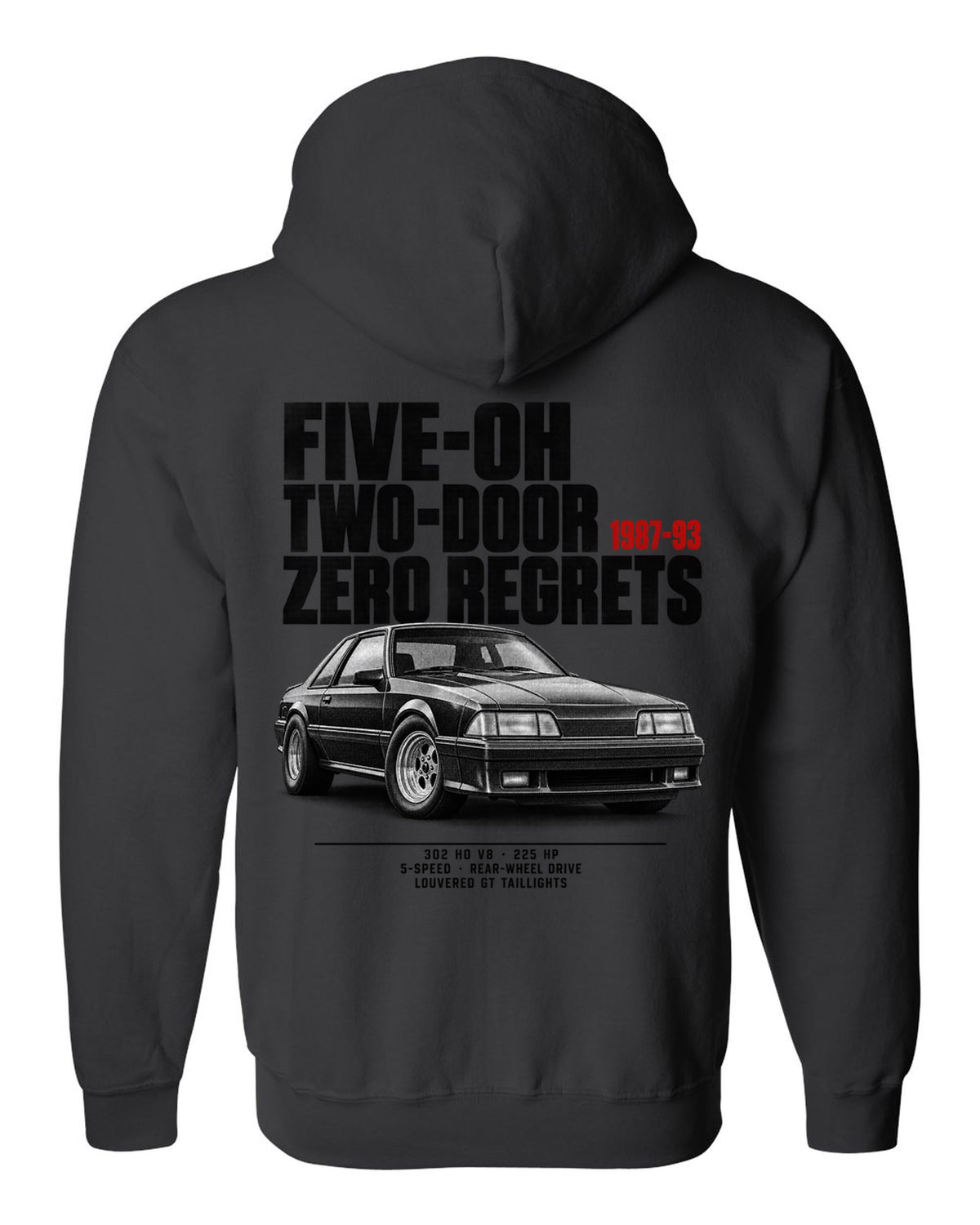 Halftone illustration of a Ford Mustang Fox body notchback with five-oh two-door lettering black zip hoodie back view with the design