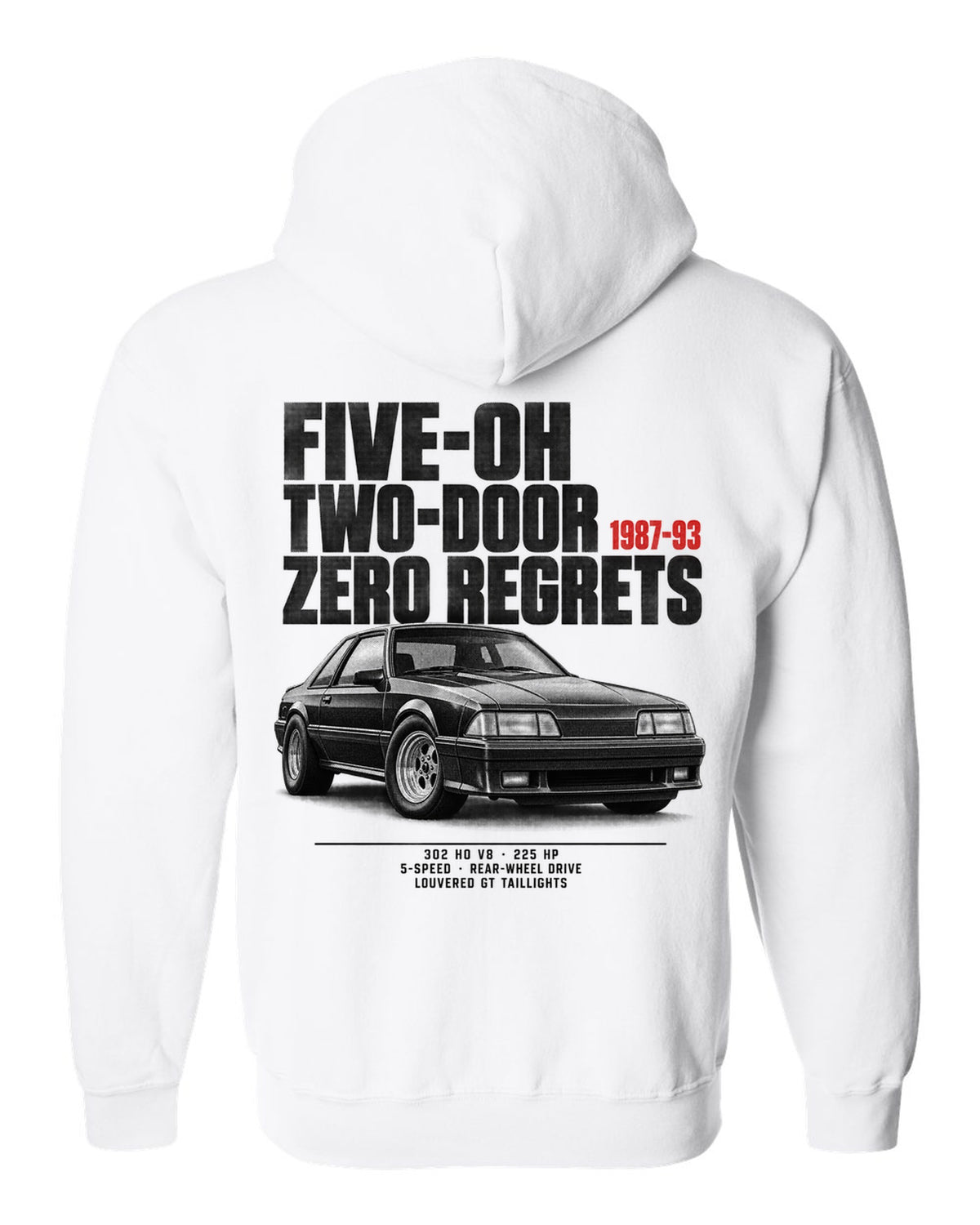 Halftone illustration of a Ford Mustang Fox body notchback with five-oh two-door lettering white zip hoodie back view with the design