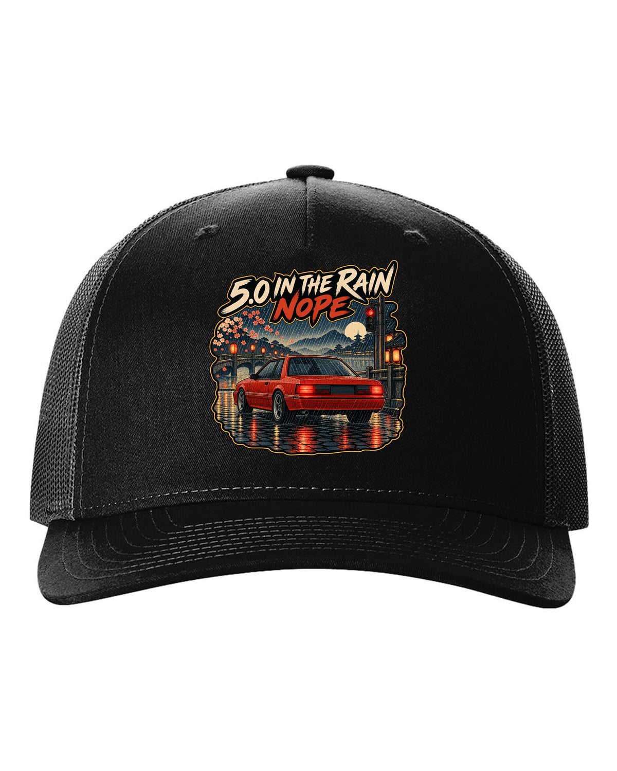 Woodblock style 1990 Ford Mustang Fox Body notchback in rain with 5.0 caption black hat front view with the design