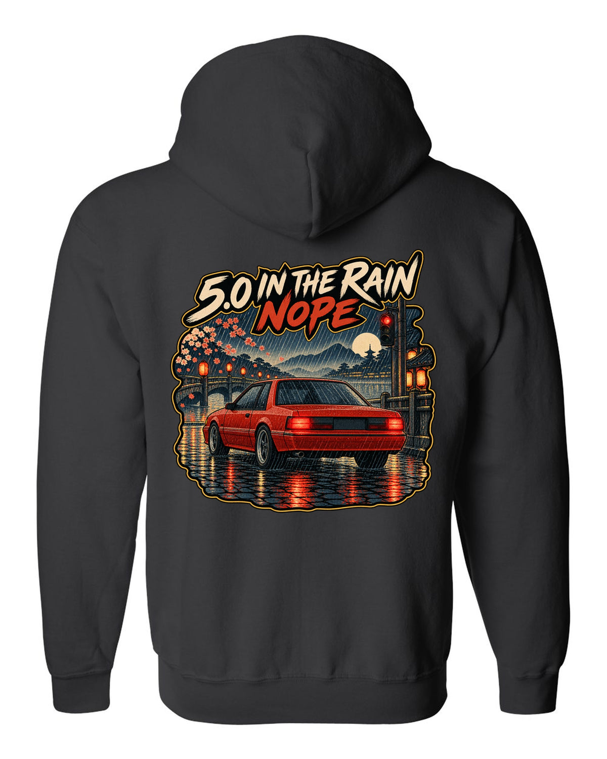Woodblock style 1990 Ford Mustang Fox Body notchback in rain with 5.0 caption black zip hoodie back view with the design
