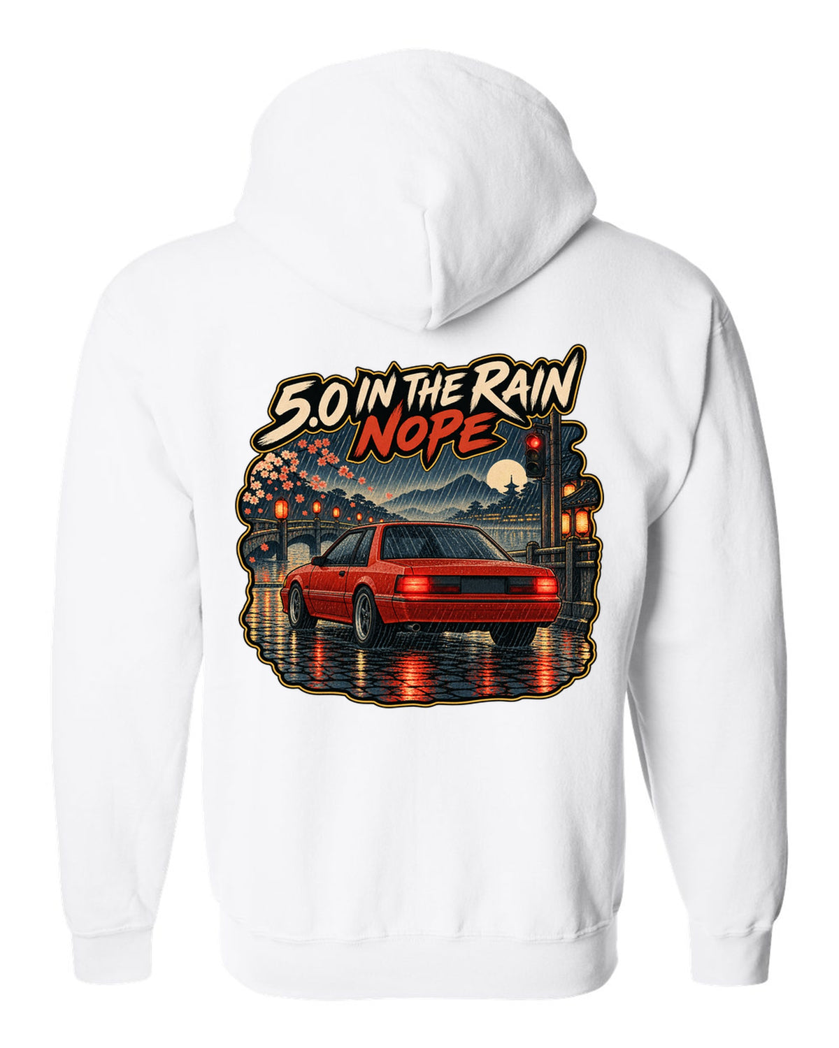 Woodblock style 1990 Ford Mustang Fox Body notchback in rain with 5.0 caption white zip hoodie back view with the design