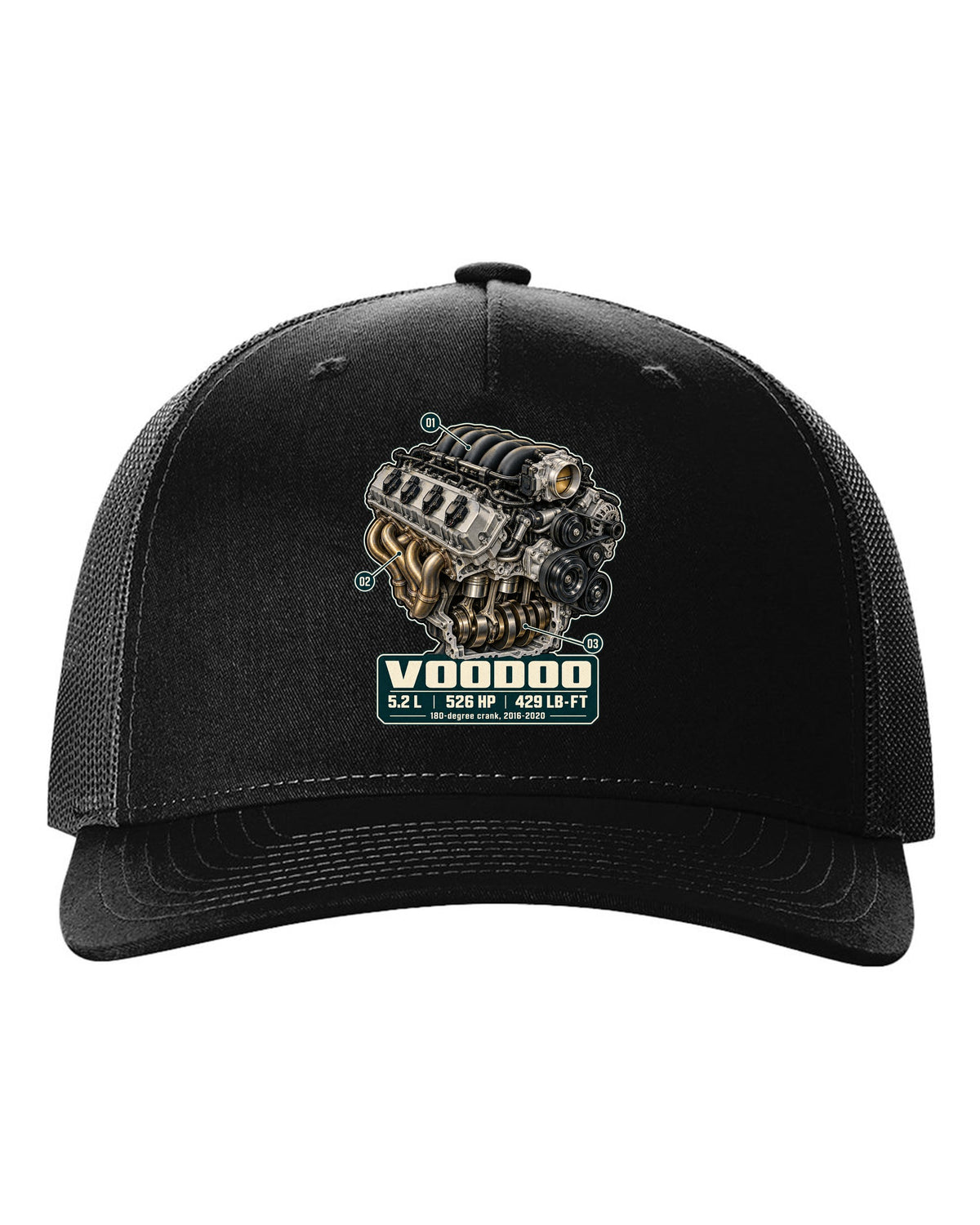Ford Mustang S550 Shelby GT350 Voodoo 5.2 L engine hero print black hat front view with the design