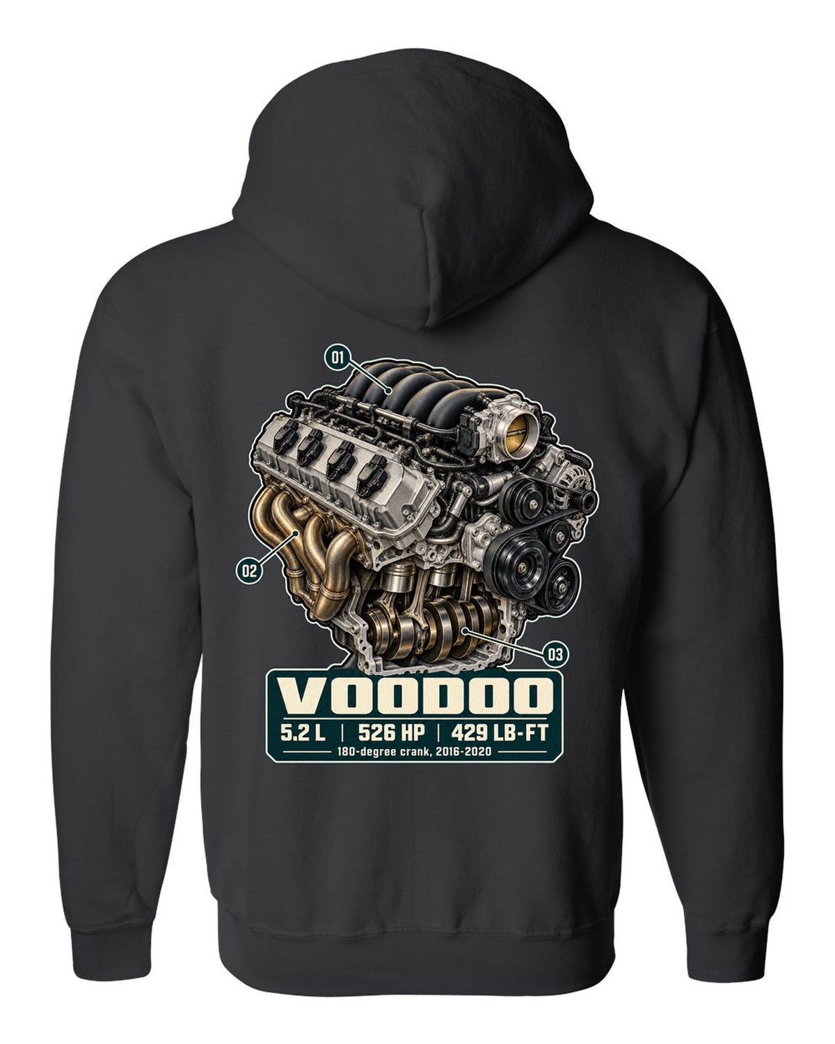 Ford Mustang S550 Shelby GT350 Voodoo 5.2 L engine hero print black zip hoodie back view with the design