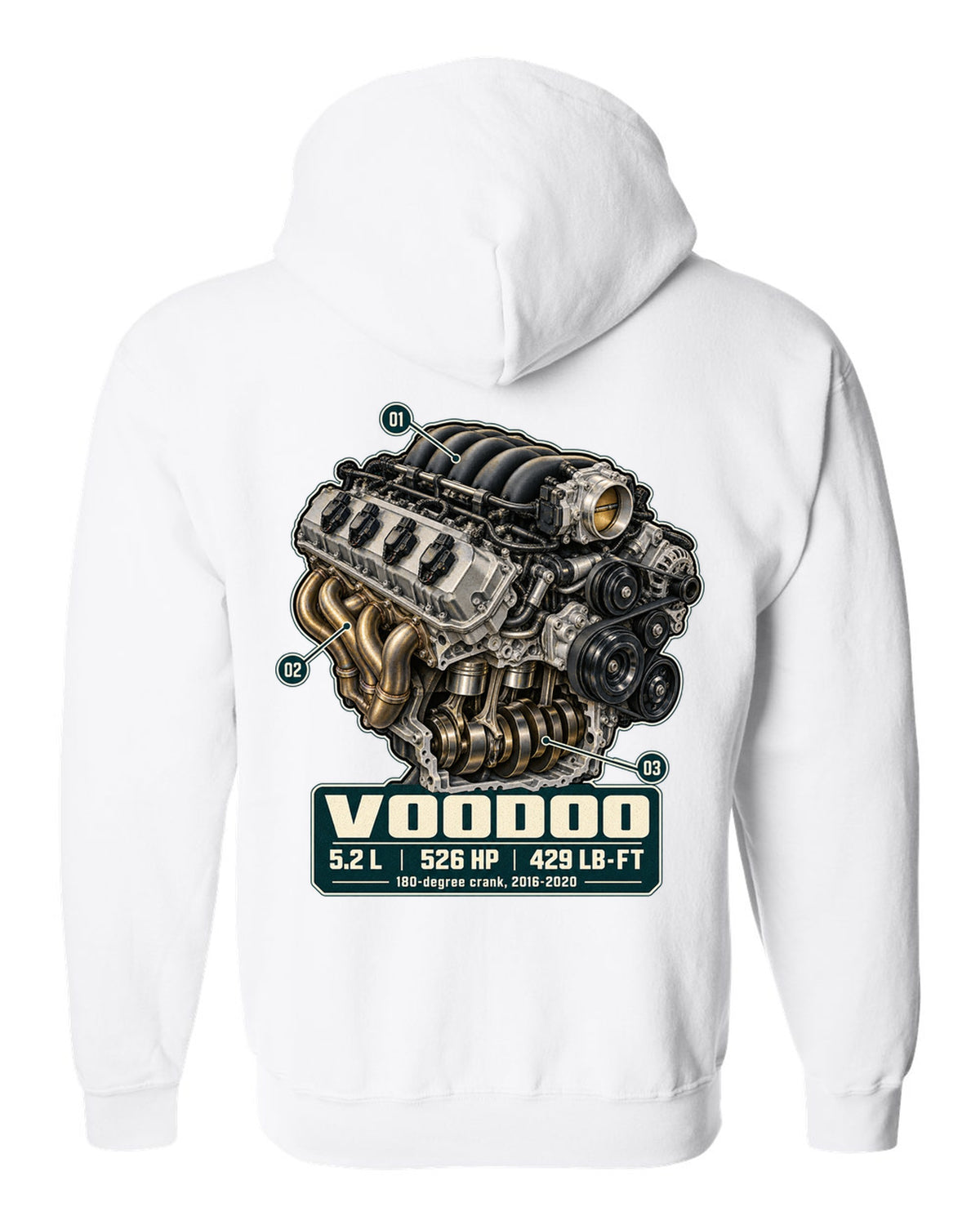 Ford Mustang S550 Shelby GT350 Voodoo 5.2 L engine hero print white zip hoodie back view with the design