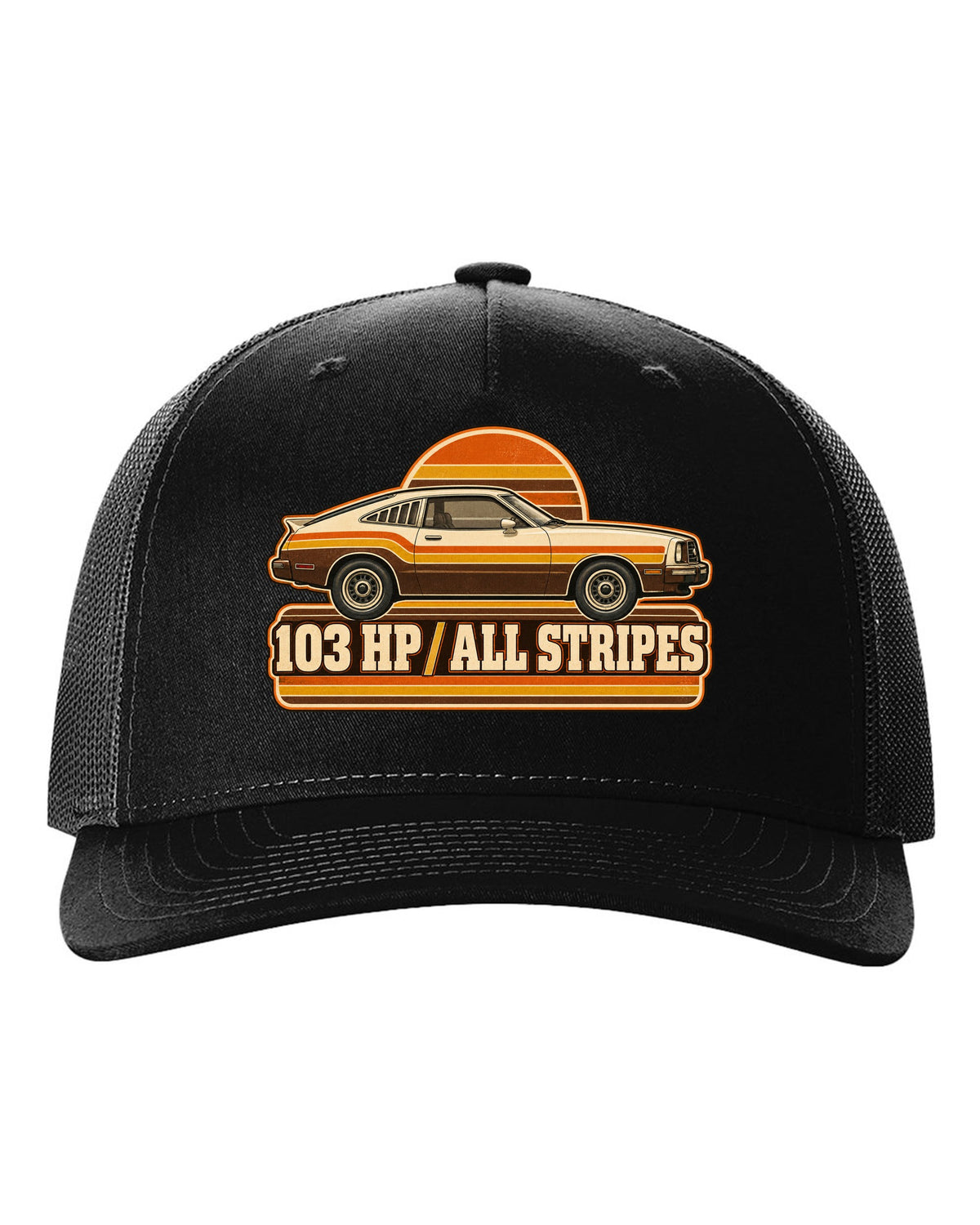 Vintage 70s race poster print of a 1976 Ford Mustang II fastback with stripes black hat front view with the design