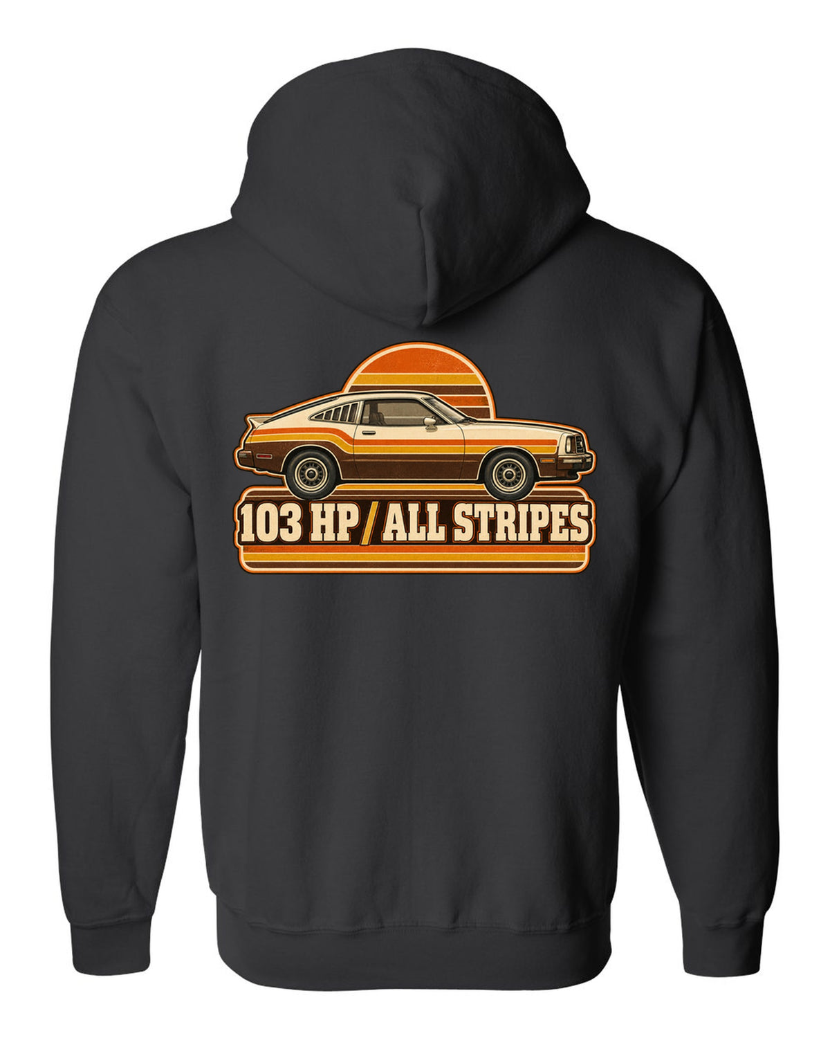 Vintage 70s race poster print of a 1976 Ford Mustang II fastback with stripes black zip hoodie back view with the design