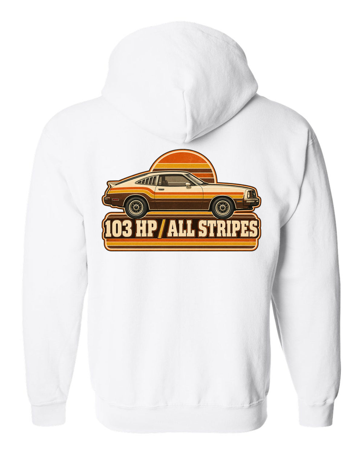 Vintage 70s race poster print of a 1976 Ford Mustang II fastback with stripes white zip hoodie back view with the design