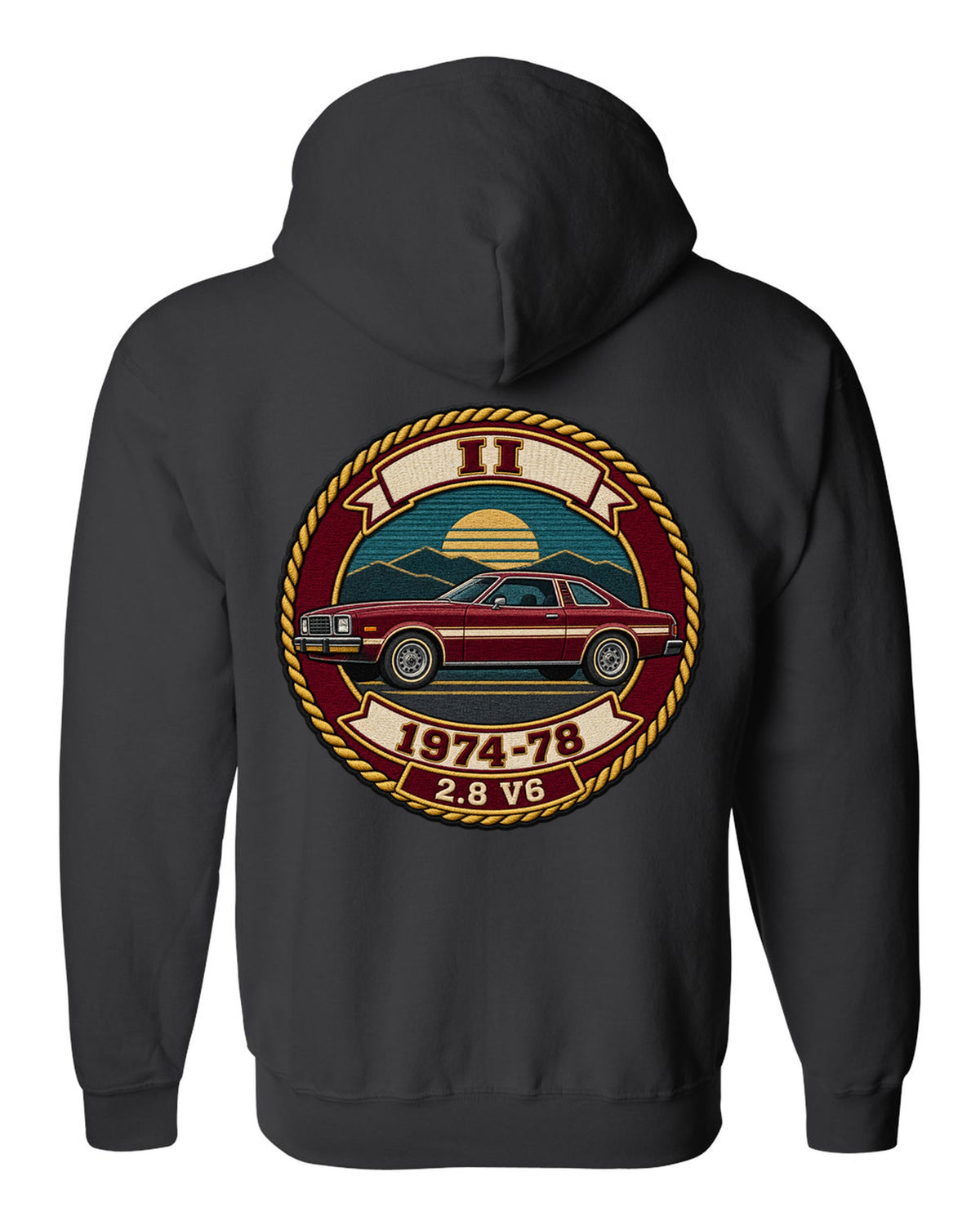 Embroidery-style varsity crest print for a 1974-78 Ford Mustang II notchback black zip hoodie back view with the design