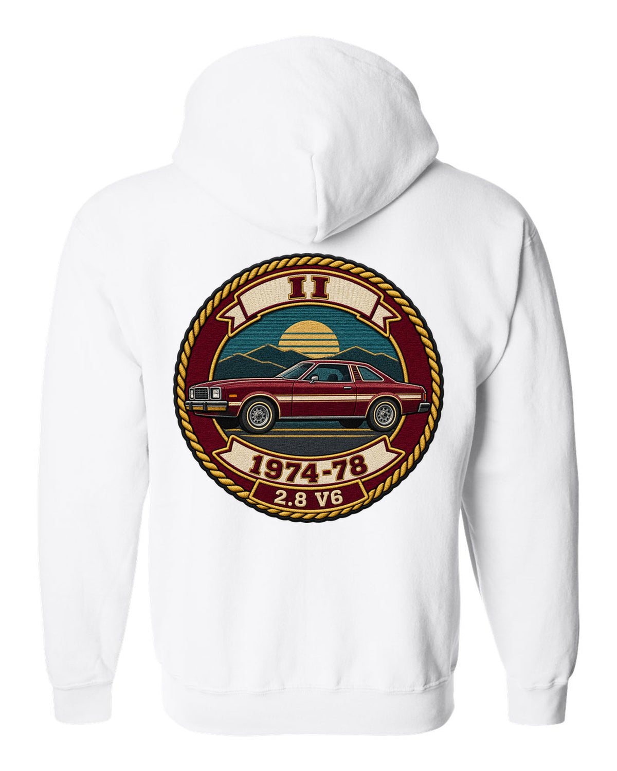Embroidery-style varsity crest print for a 1974-78 Ford Mustang II notchback white zip hoodie back view with the design