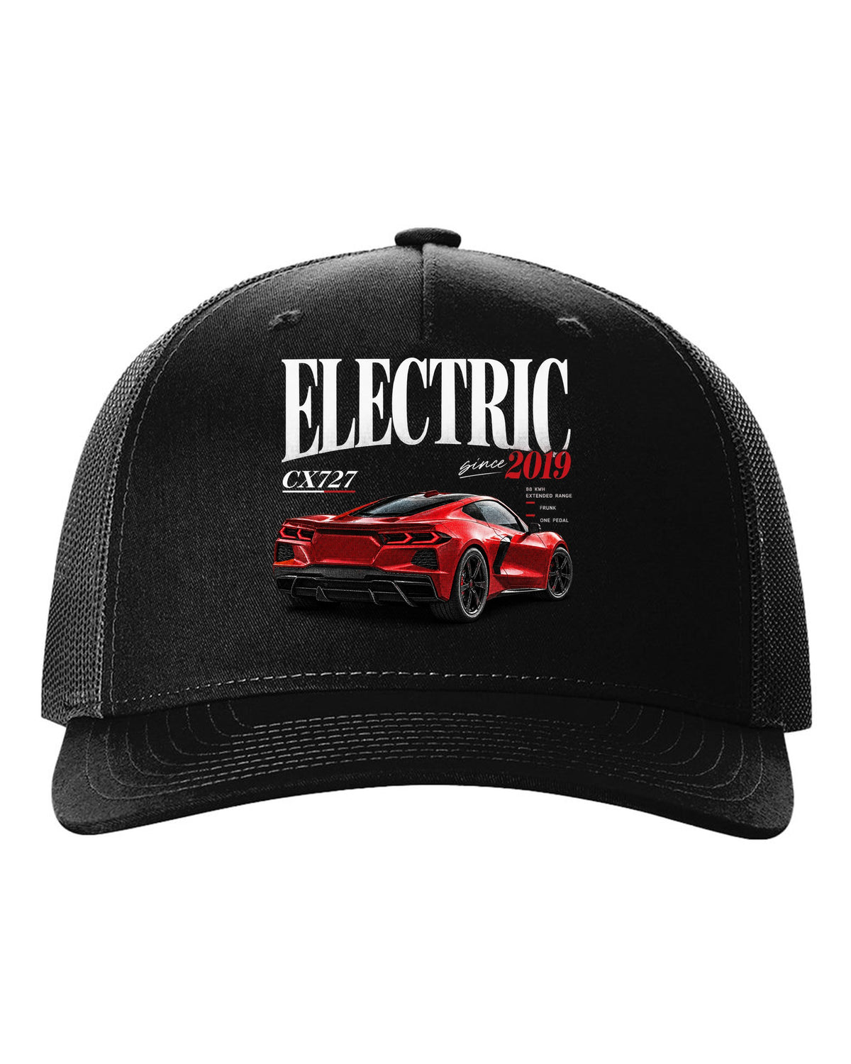 Ford Mustang Mach-E CX727 editorial headline print reading Electric Since 2019 black hat front view with the design