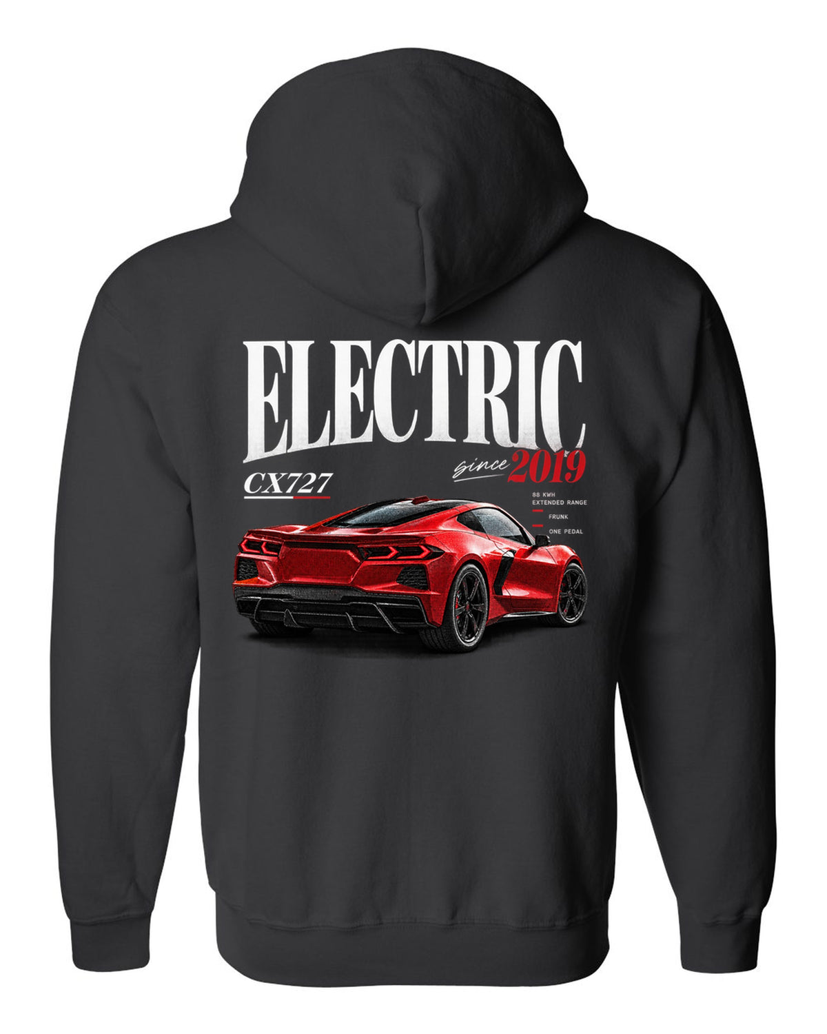 Ford Mustang Mach-E CX727 editorial headline print reading Electric Since 2019 black zip hoodie back view with the design