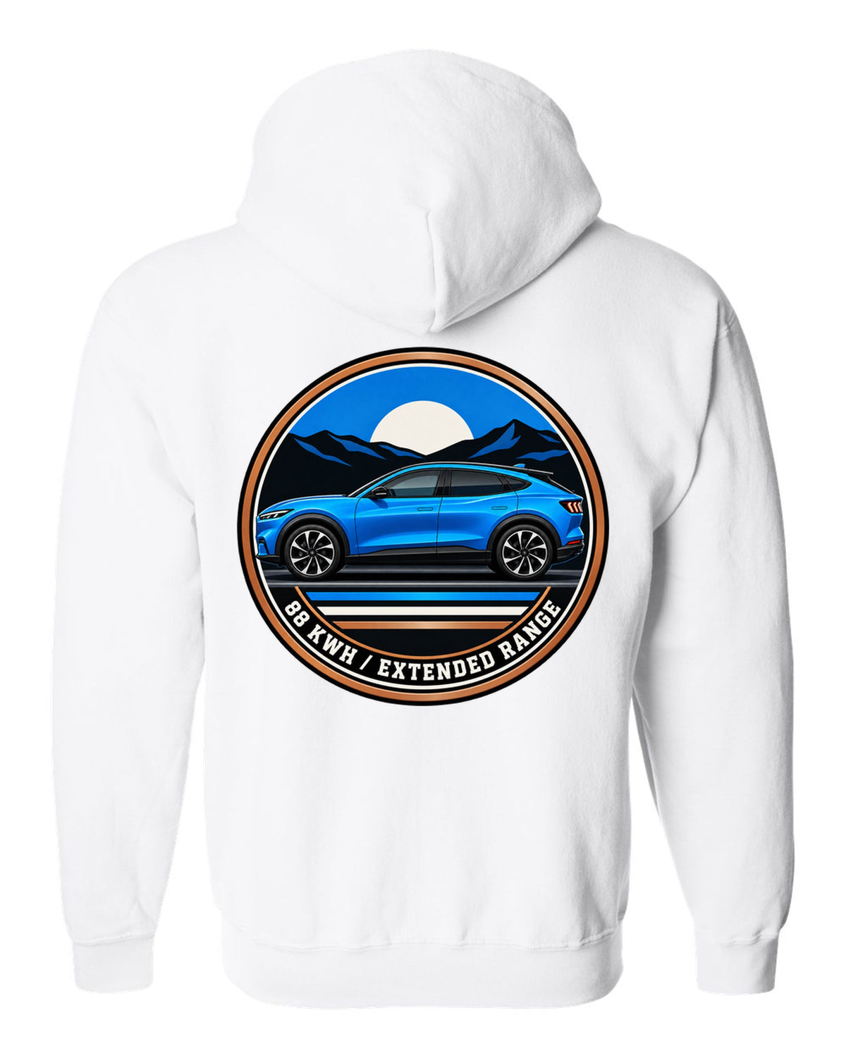 Gauge-cluster HUD print of a 2020 Mustang Mach-E CX727 showing One Gear 3.5 Sec white zip hoodie back view with the design