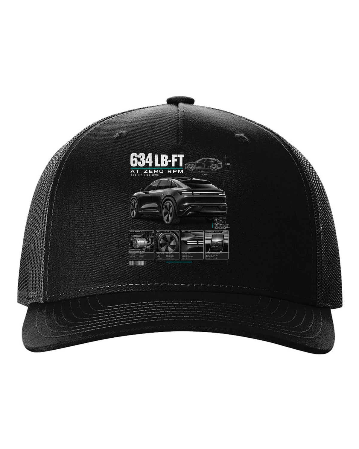 Ford Mustang Mach-E GT CX727 dossier panel print with 634 lb-ft at zero rpm black hat front view with the design
