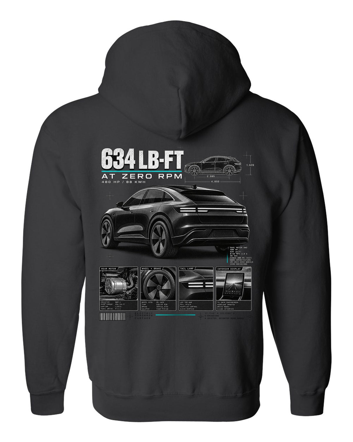 Ford Mustang Mach-E GT CX727 dossier panel print with 634 lb-ft at zero rpm black zip hoodie back view with the design