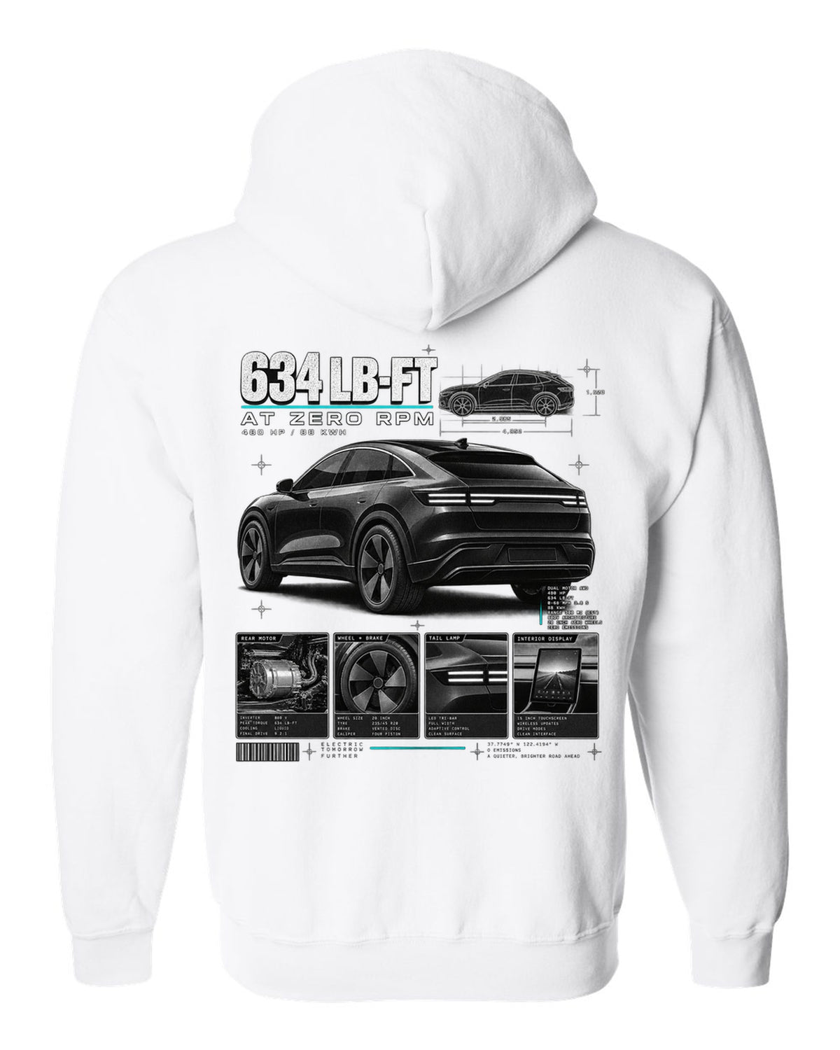 Ford Mustang Mach-E GT CX727 dossier panel print with 634 lb-ft at zero rpm white zip hoodie back view with the design