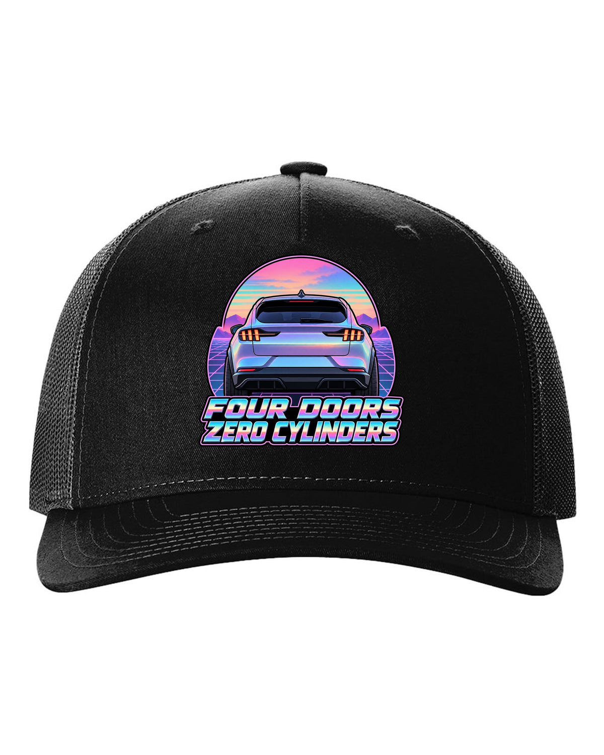 Vaporwave pastel print of a 2021 Ford Mustang Mach-E rear at dusk black hat front view with the design