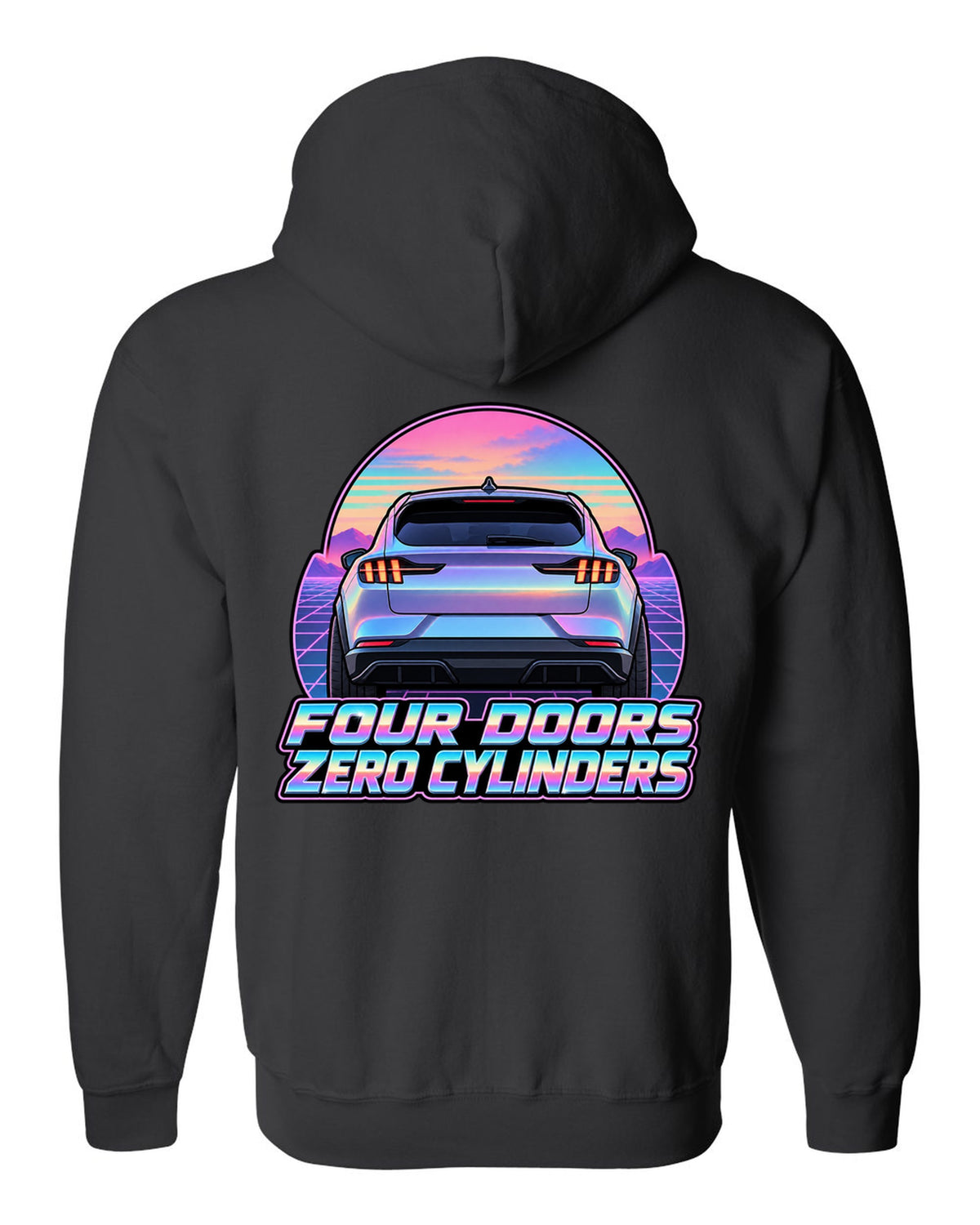 Vaporwave pastel print of a 2021 Ford Mustang Mach-E rear at dusk black zip hoodie back view with the design