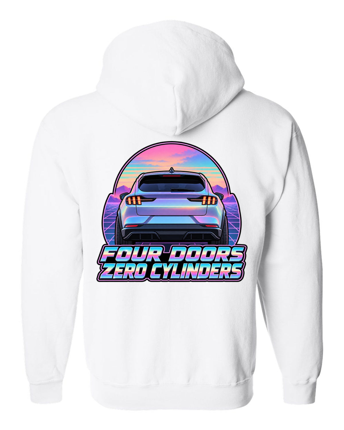 Vaporwave pastel print of a 2021 Ford Mustang Mach-E rear at dusk white zip hoodie back view with the design