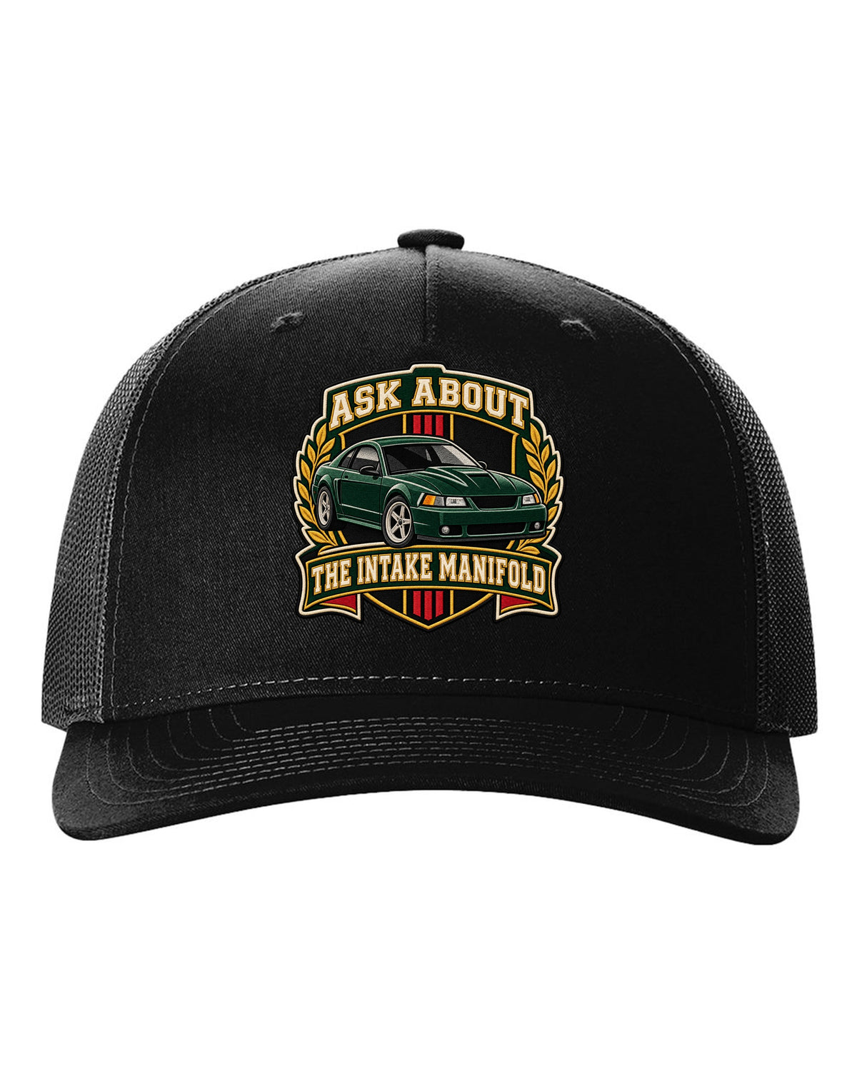 Varsity crest of a Ford Mustang New Edge coupe with intake manifold text black hat front view with the design
