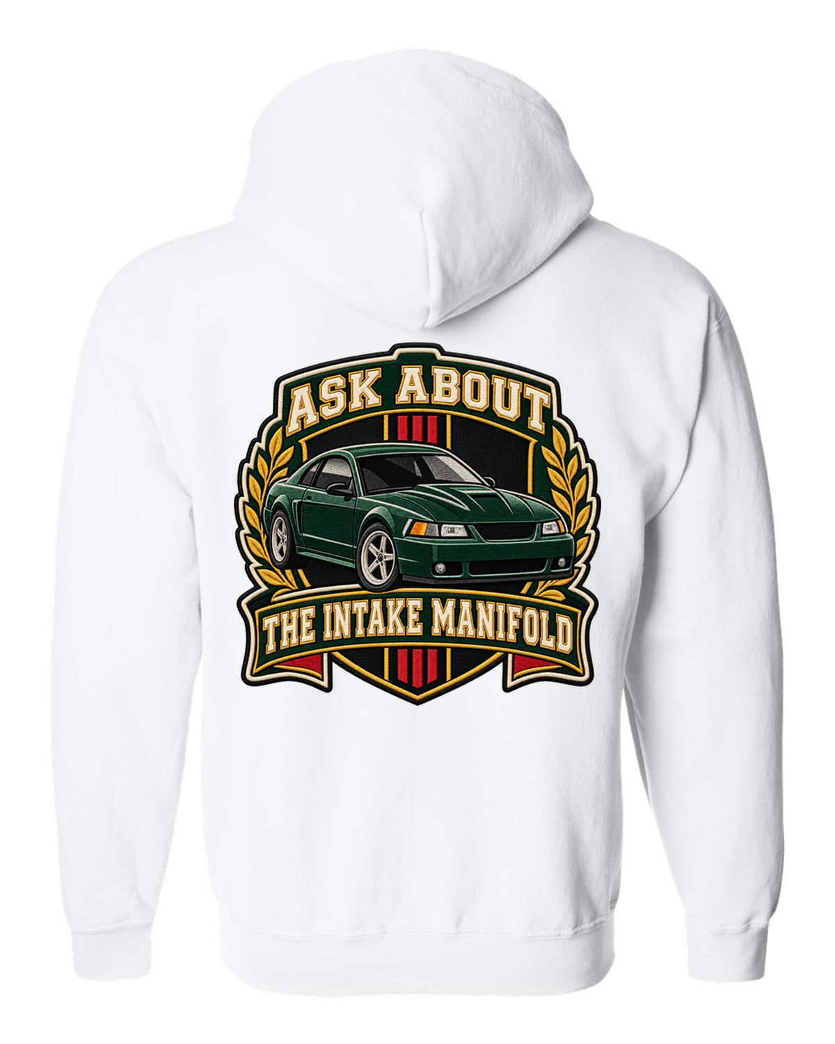 Varsity crest of a Ford Mustang New Edge coupe with intake manifold text white zip hoodie back view with the design