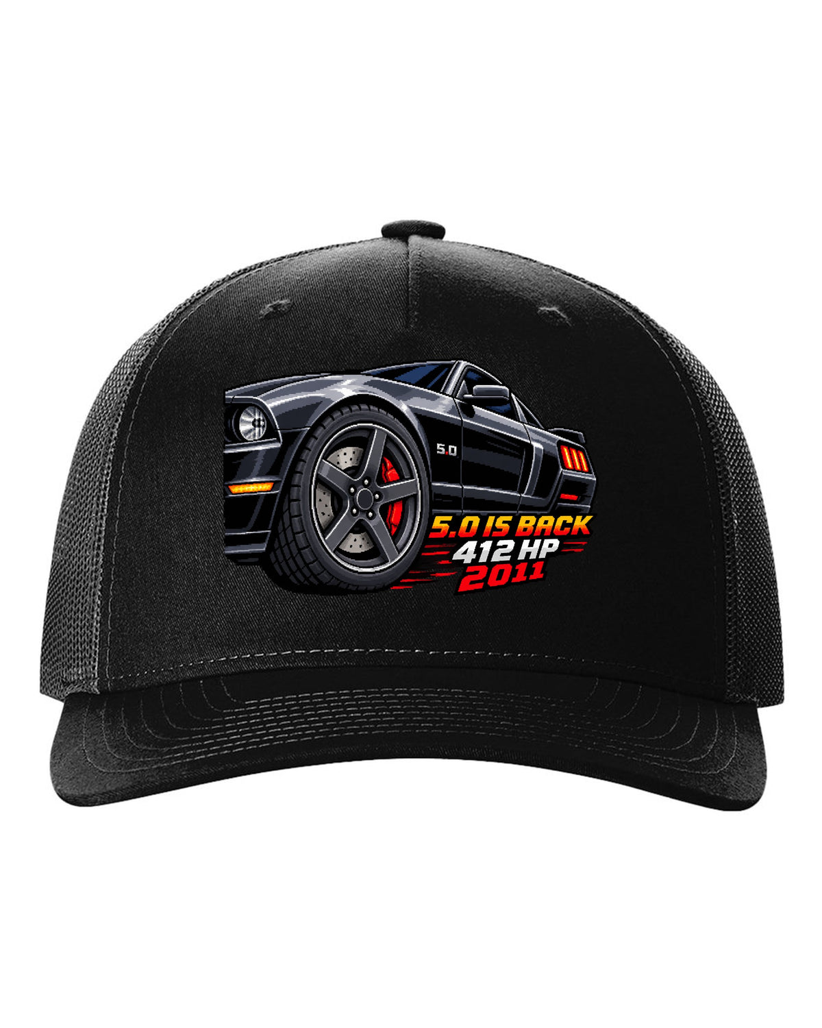 16-bit pixel art print of a Ford Mustang S197 GT wheel with 5.0 is back 412 HP text black hat front view with the design