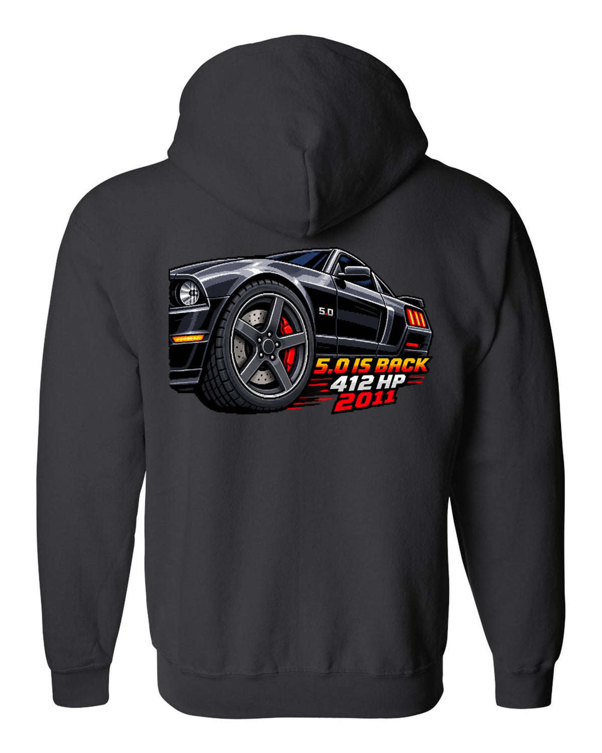 16-bit pixel art print of a Ford Mustang S197 GT wheel with 5.0 is back 412 HP text black zip hoodie back view with the design