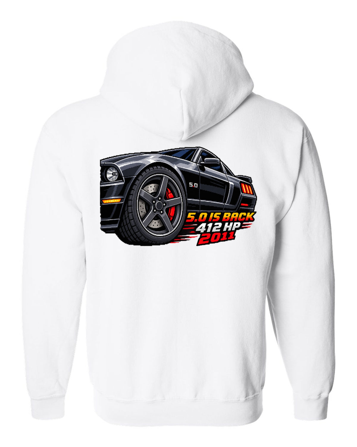 16-bit pixel art print of a Ford Mustang S197 GT wheel with 5.0 is back 412 HP text white zip hoodie back view with the design