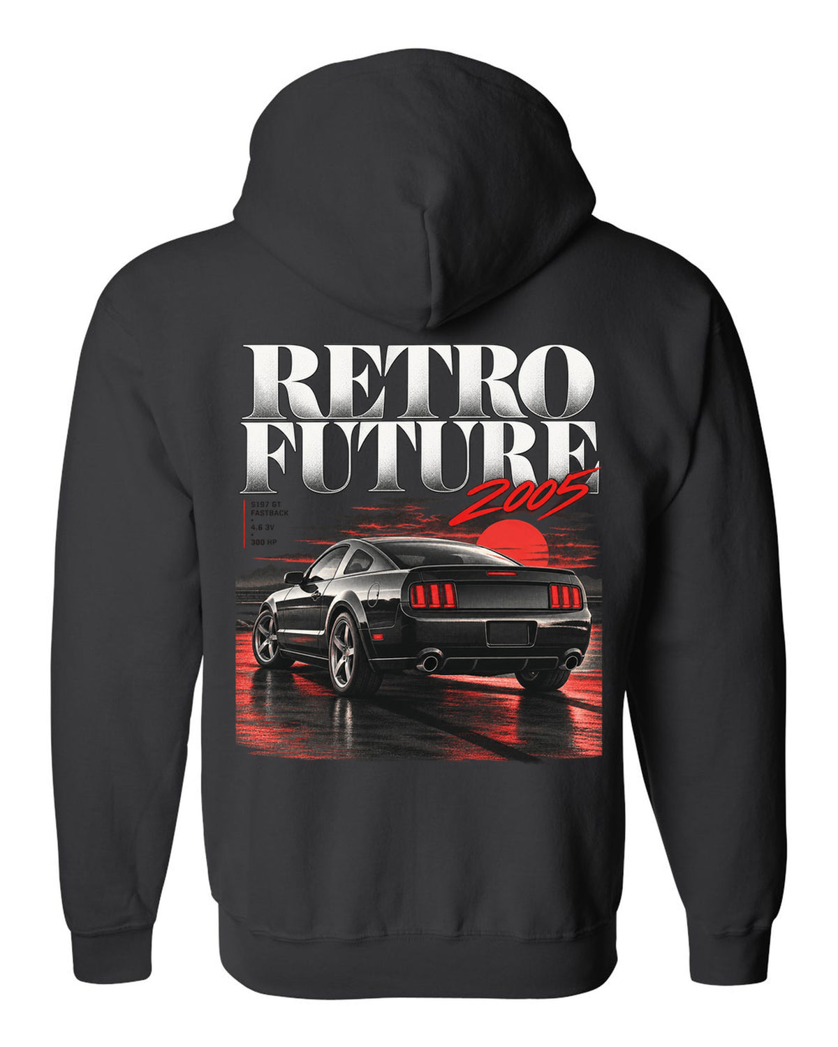 Editorial headline print of a 2005-09 Ford Mustang S197 GT fastback black zip hoodie back view with the design