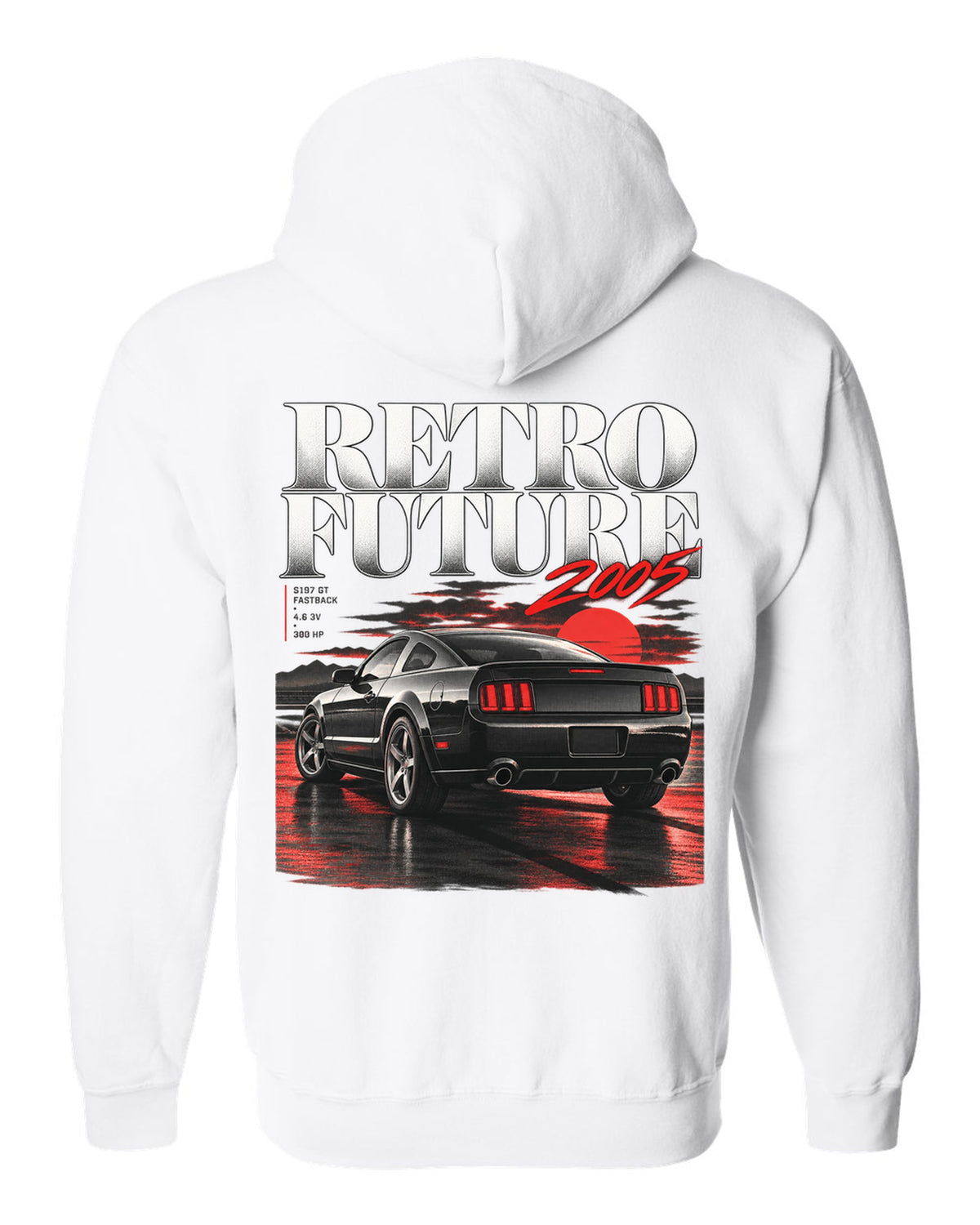 Editorial headline print of a 2005-09 Ford Mustang S197 GT fastback white zip hoodie back view with the design