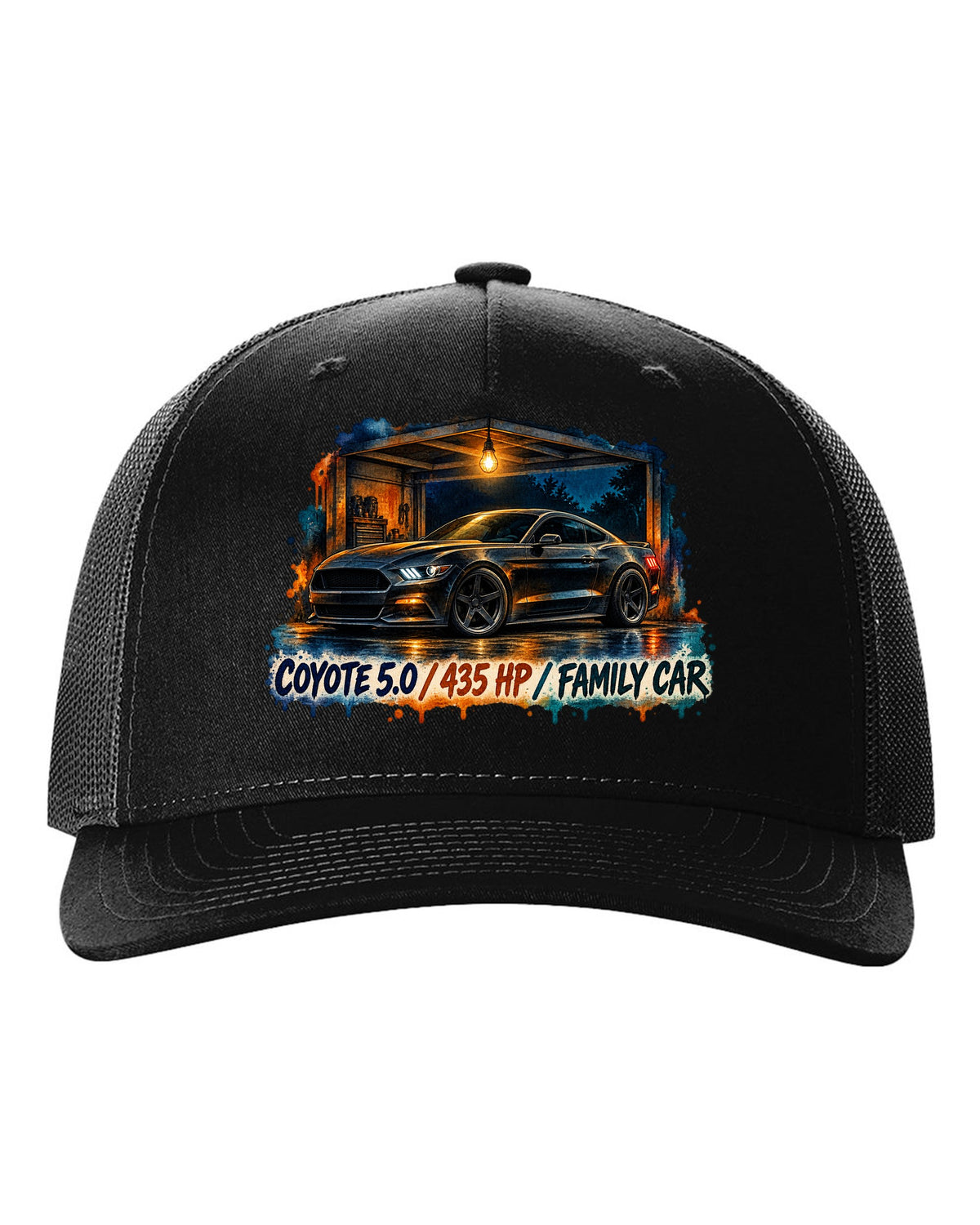 Watercolour night print of a Ford Mustang S550 GT with Coyote 5.0 435 HP family car text black hat front view with the design