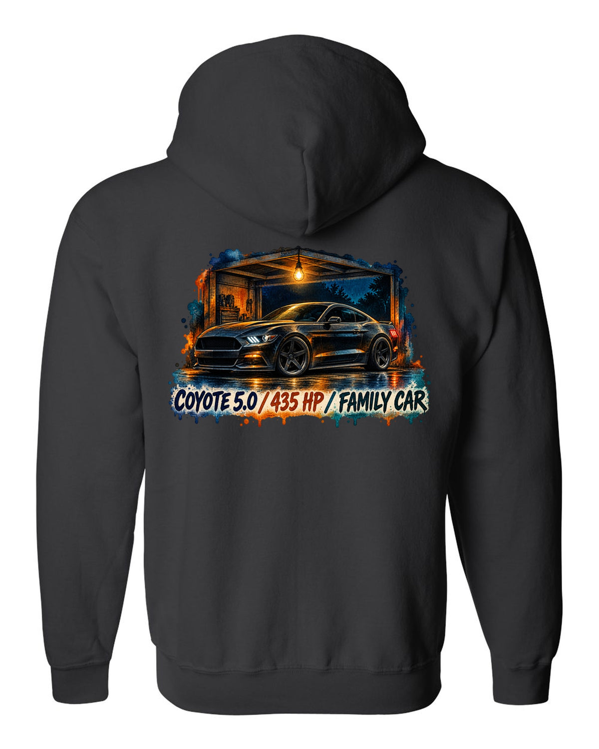 Watercolour night print of a Ford Mustang S550 GT with Coyote 5.0 435 HP family car text black zip hoodie back view with the design