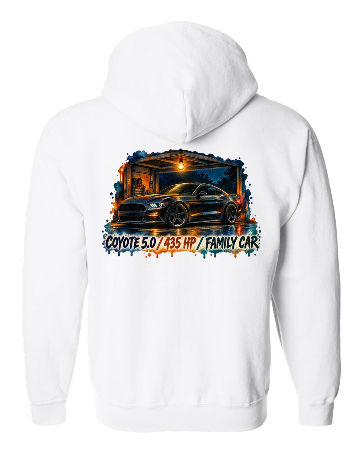 Watercolour night print of a Ford Mustang S550 GT with Coyote 5.0 435 HP family car text white zip hoodie back view with the design