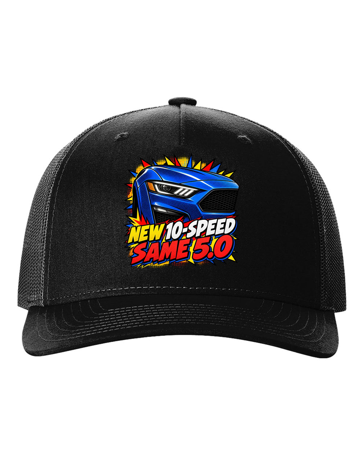 Comic halftone pop-art print of a 2018-23 Ford Mustang S550 GT front end black hat front view with the design