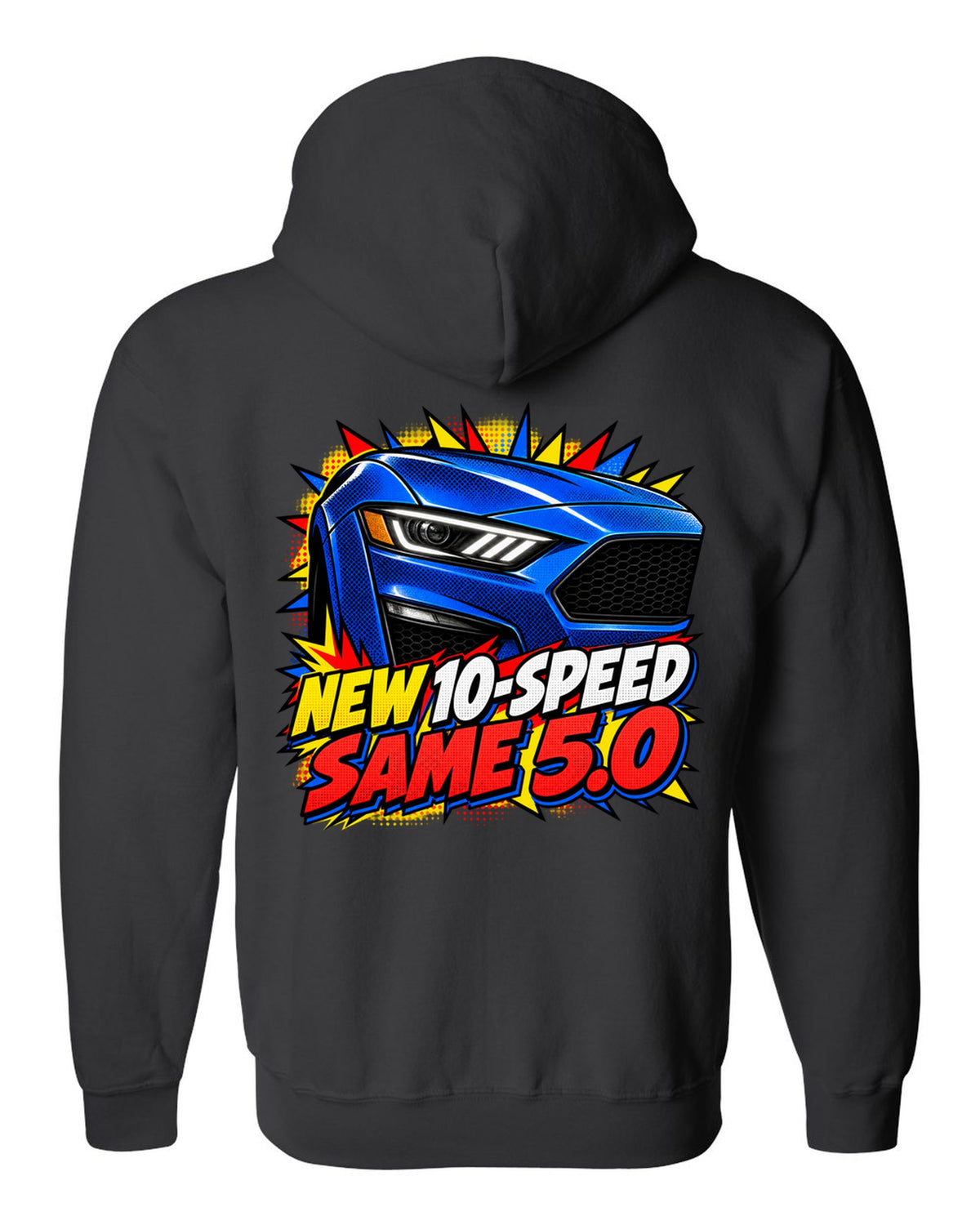 Comic halftone pop-art print of a 2018-23 Ford Mustang S550 GT front end black zip hoodie back view with the design