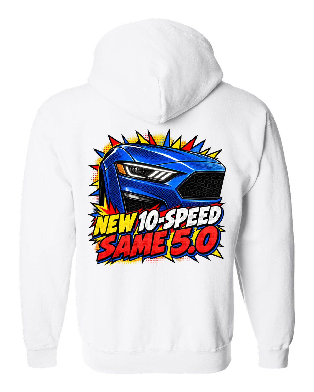 Comic halftone pop-art print of a 2018-23 Ford Mustang S550 GT front end white zip hoodie back view with the design