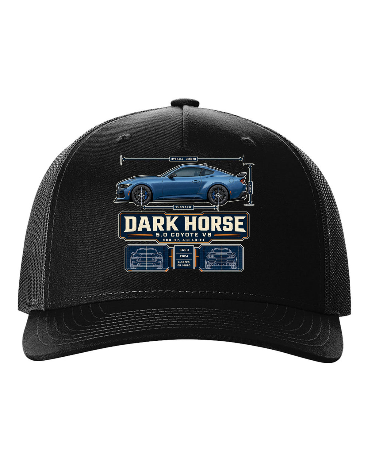 print of a Ford Mustang S650 Dark Horse dimension blueprint with 5.0 Coyote V8 and 500 HP text black hat front view with the design