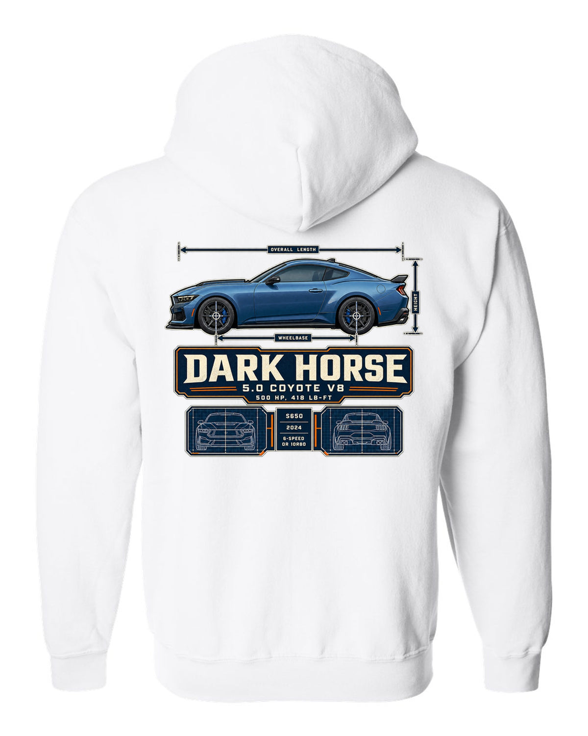 print of a Ford Mustang S650 Dark Horse dimension blueprint with 5.0 Coyote V8 and 500 HP text white zip hoodie back view with the design